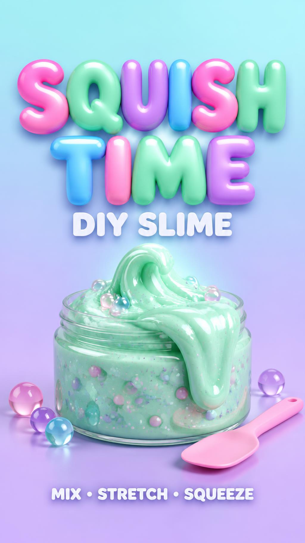 "SQUISH TIME
DIY SLIME
MIX • STRETCH • SQUEEZE" — 3d Bold Inflated | AI Text Effect Generator