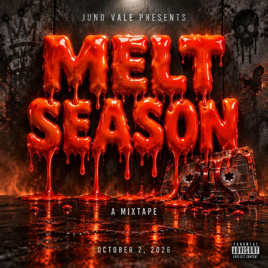 "MELT
SEASON
JUNO VALE PRESENTS
A MIXTAPE
OCTOBER 2, 2026
EXPLICIT CONTENT" — Drip Font | AI Text Effect Generator