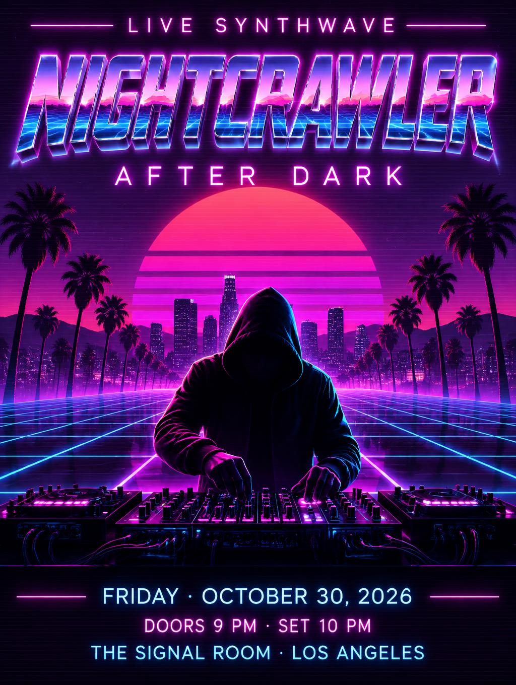 "NIGHTCRAWLER
LIVE SYNTHWAVE
AFTER DARK
FRIDAY · OCTOBER 30, 2026
DOORS 9 PM · SET 10 PM
THE SIGNAL ROOM · LOS ANGELES" — Neon 80s | AI Text Effect Generator