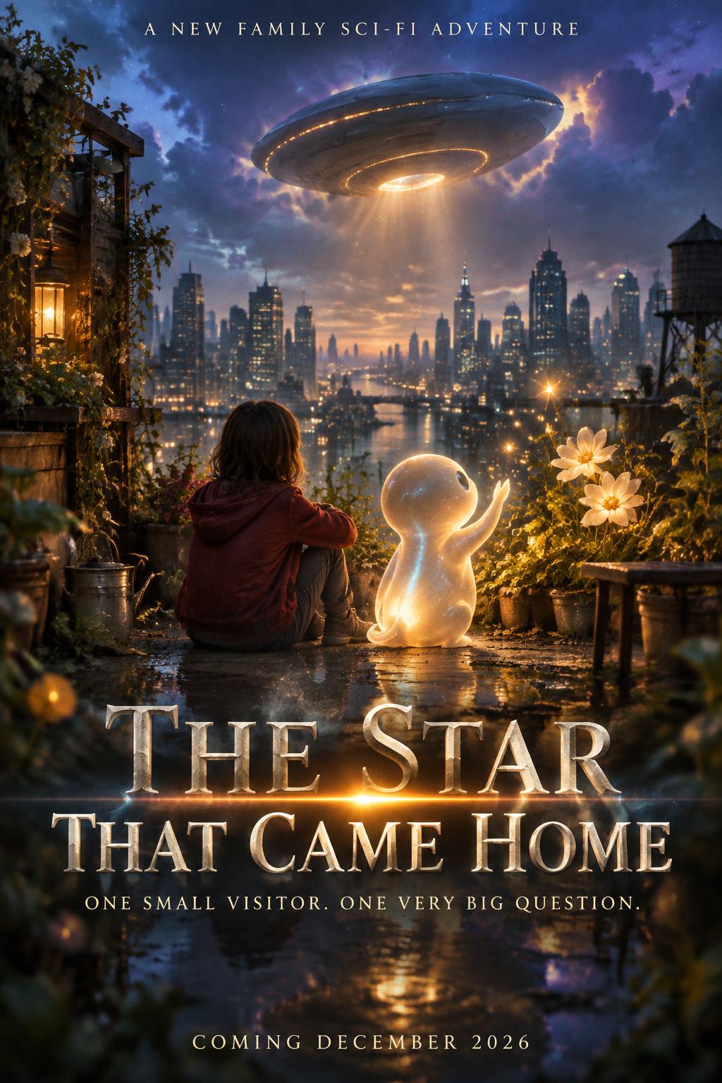 "THE STAR THAT CAME HOME
ONE SMALL VISITOR. ONE VERY BIG QUESTION.
A NEW FAMILY SCI-FI ADVENTURE
COMING DECEMBER 2026" — Cinematic Netflix | AI Text Effect Generator