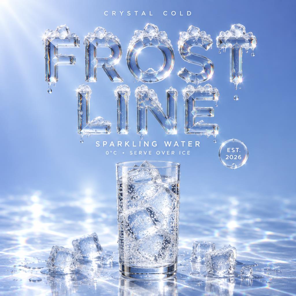 "FROST
LINE
CRYSTAL COLD
SPARKLING WATER
0°C  •  SERVE OVER ICE
EST. 2026" — Glass | AI Text Effect Generator