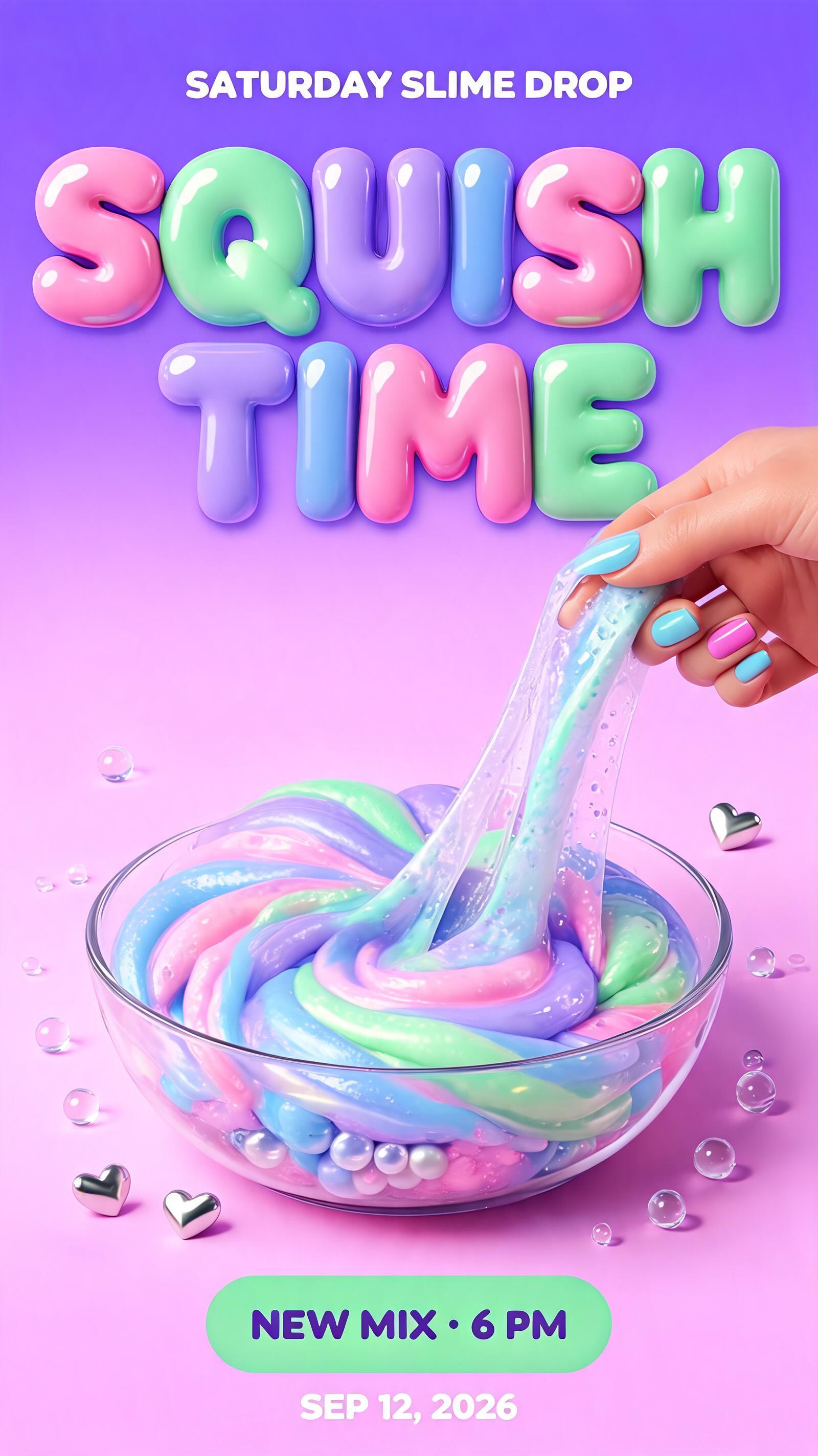 SQUISH
TIME
SATURDAY SLIME DROP
NEW MIX • 6 PM
SEP 12, 2026