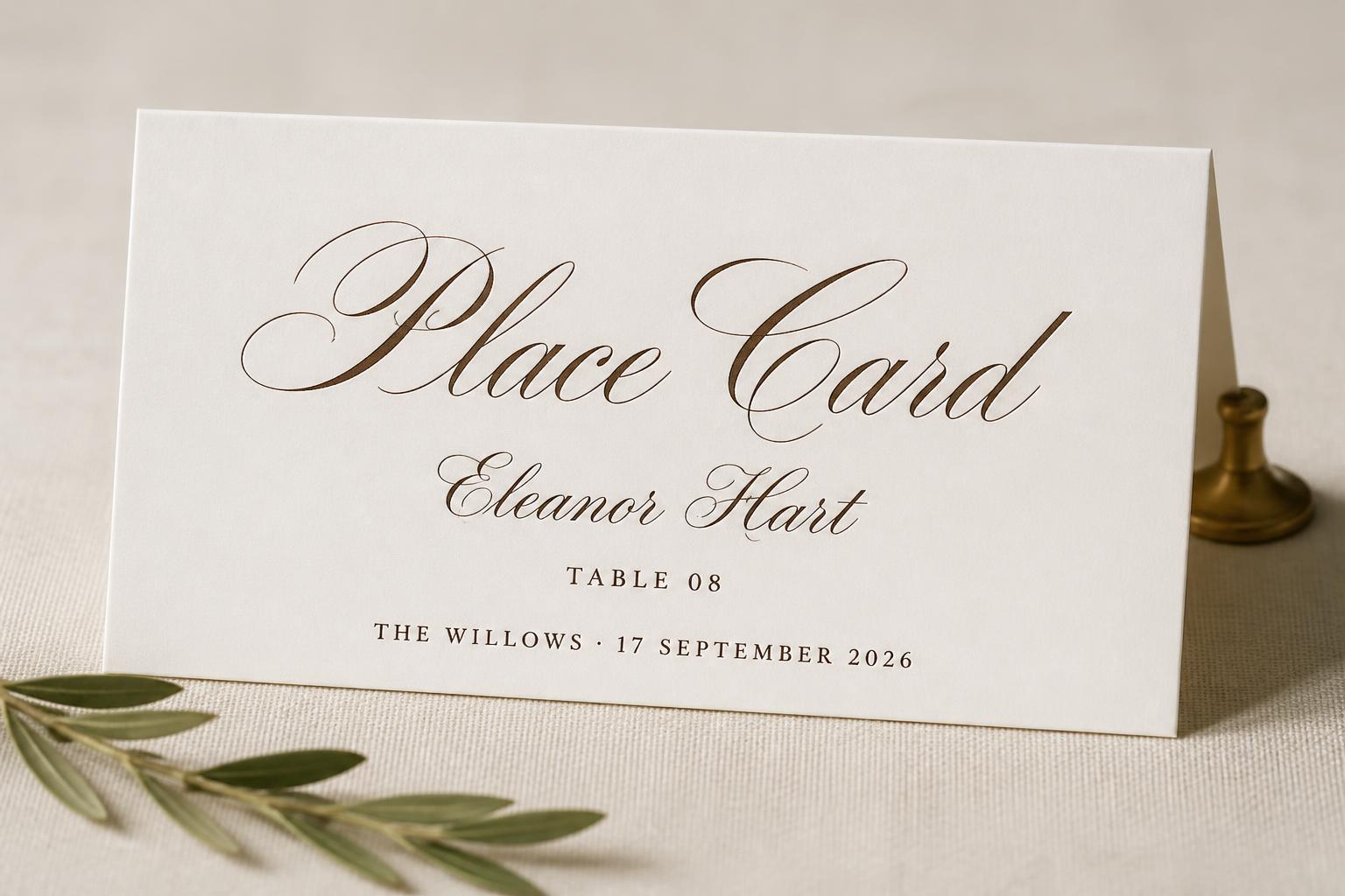 "Place Card
Eleanor Hart
TABLE 08
THE WILLOWS · 17 SEPTEMBER 2026" — Cursive Calligraphy | AI Text Effect Generator