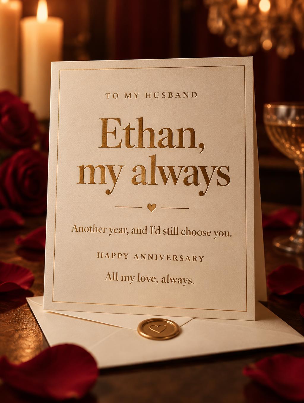 "TO MY HUSBAND
Ethan, my always
Another year, and I’d still choose you.
HAPPY ANNIVERSARY
All my love, always." — Anniversary text effect
