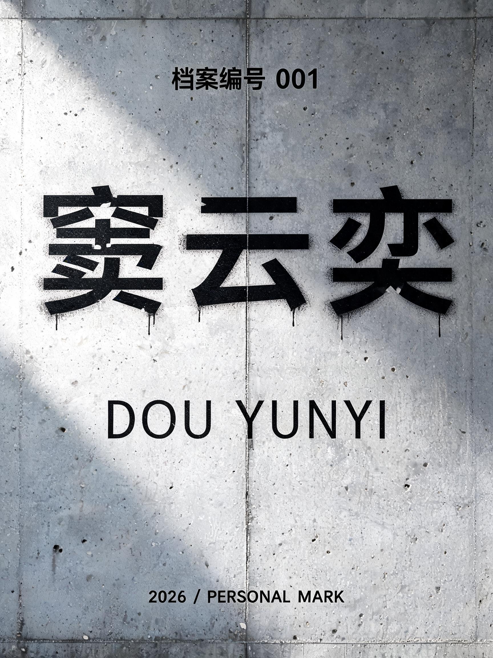 "窦云奕
档案编号 001
DOU YUNYI
2026 / PERSONAL MARK" — Stencil text effect