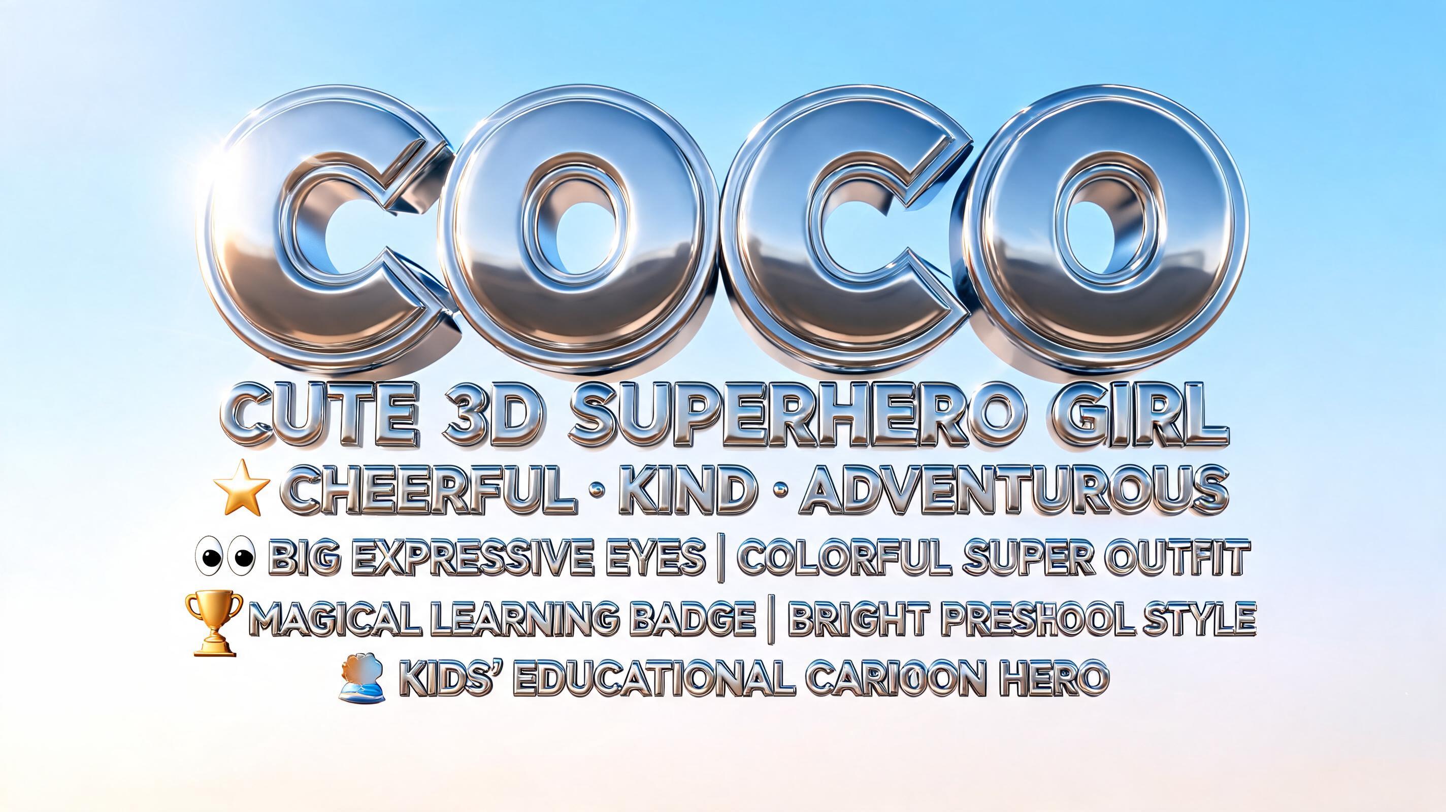 "Create a cute 3D animated girl superhero named Coco for a kids’ educational cartoon. She is cheerful, kind, and adventurous, with big expressive eyes, a colorful superhero outfit, a magical learning badge, and a soft preschool style with bright color" — Chrome Metal 3d | AI Text Effect Generator
