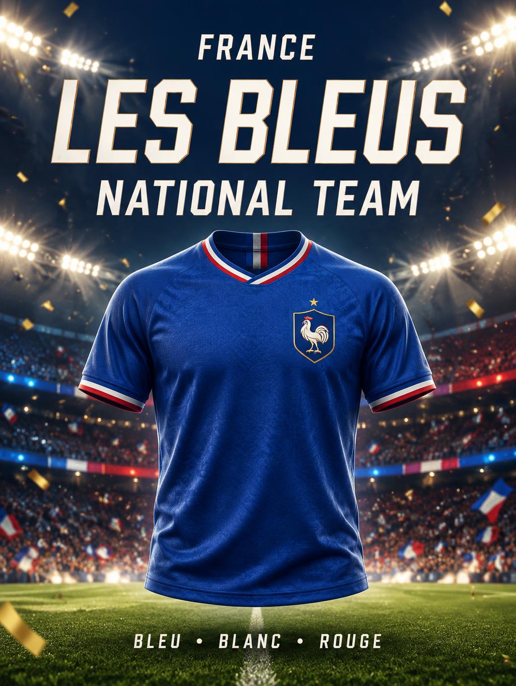 "LES BLEUS
FRANCE
NATIONAL TEAM
BLEU • BLANC • ROUGE" — Sports Football | AI Text Effect Generator