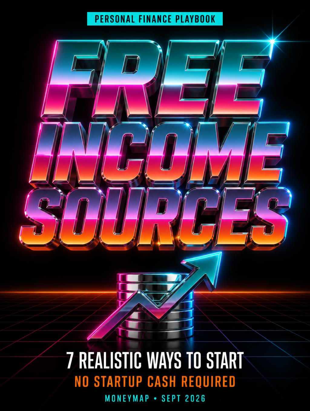 "FREE
INCOME
SOURCES
PERSONAL FINANCE PLAYBOOK
7 REALISTIC WAYS TO START
NO STARTUP CASH REQUIRED
MONEYMAP • SEPT 2026" — 3d Bold Neon text effect