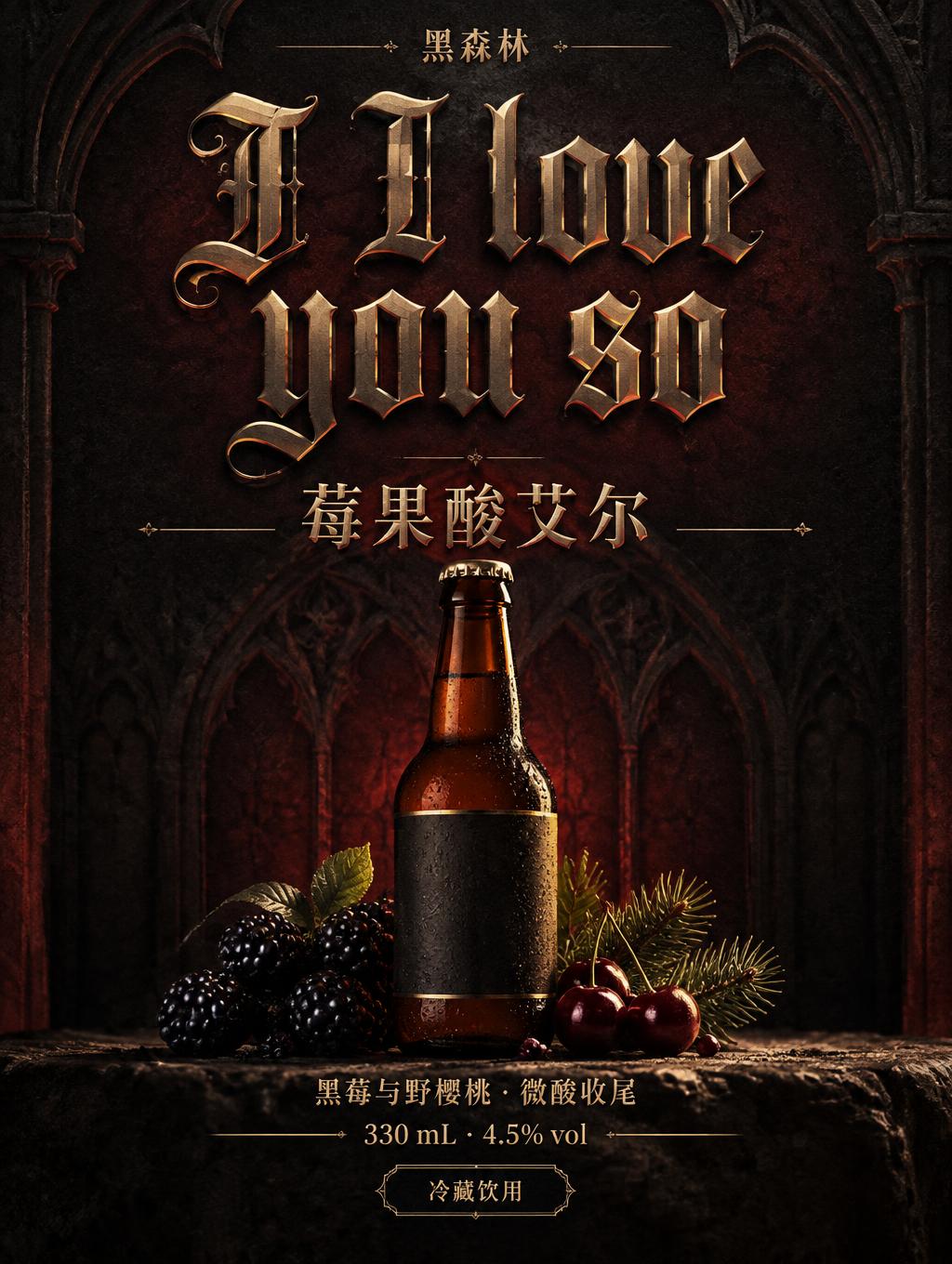 "I I love you so
黑森林
莓果酸艾尔
黑莓与野樱桃 · 微酸收尾
330 mL · 4.5% vol
冷藏饮用" — Gothic Font | AI Text Effect Generator