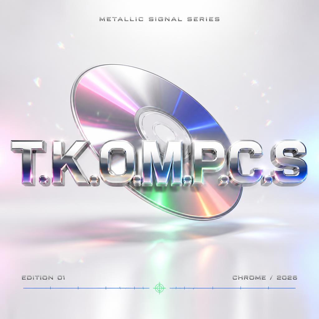 "T.K.O.M.P.C.S
METALLIC SIGNAL SERIES
EDITION 01
CHROME / 2026" — Y2k Chrome | AI Text Effect Generator