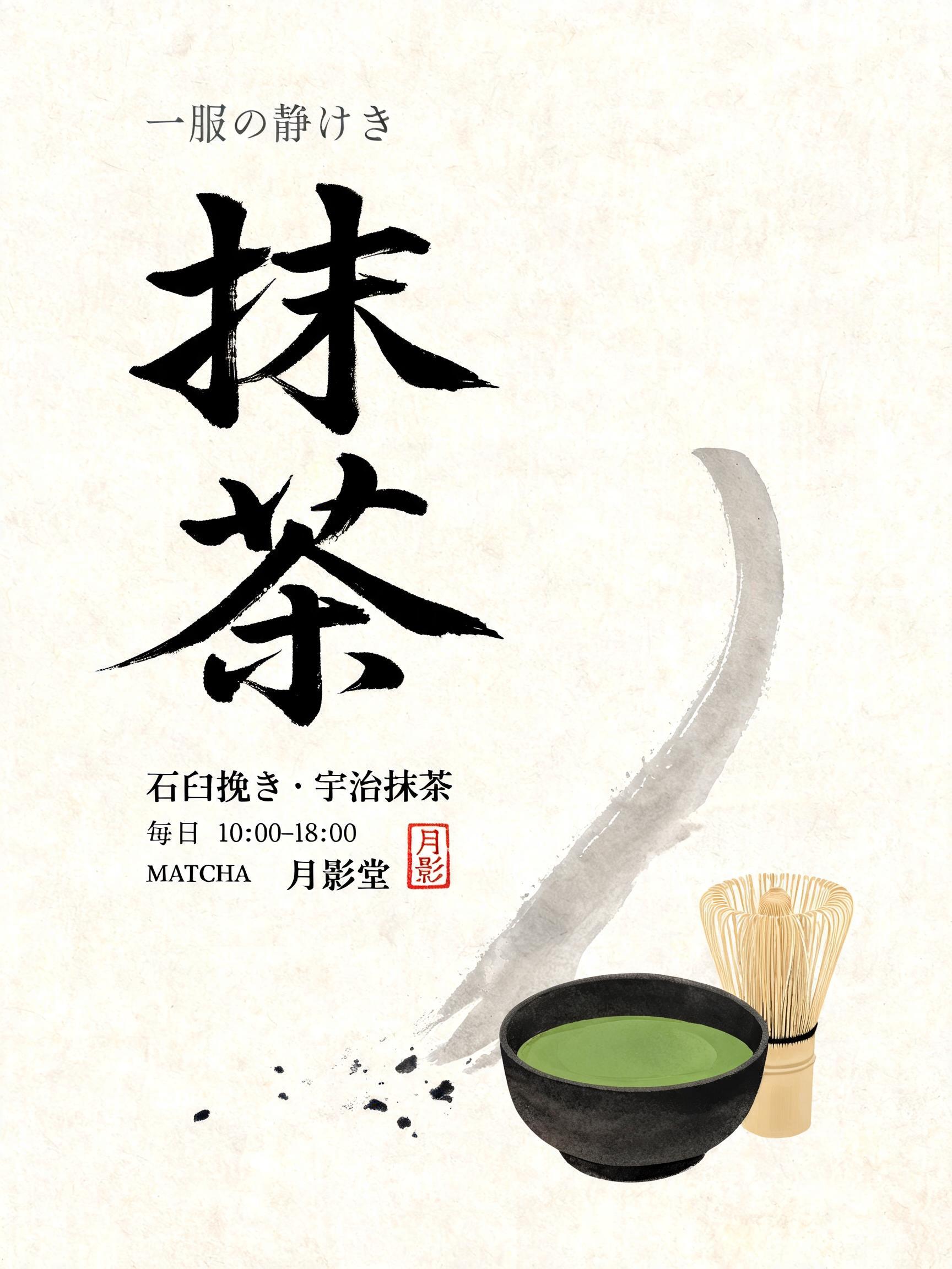 "抹茶
一服の静けさ
石臼挽き・宇治抹茶
毎日 10:00–18:00
MATCHA  月影堂
月影" — Brush Japanese Ink | AI Text Effect Generator