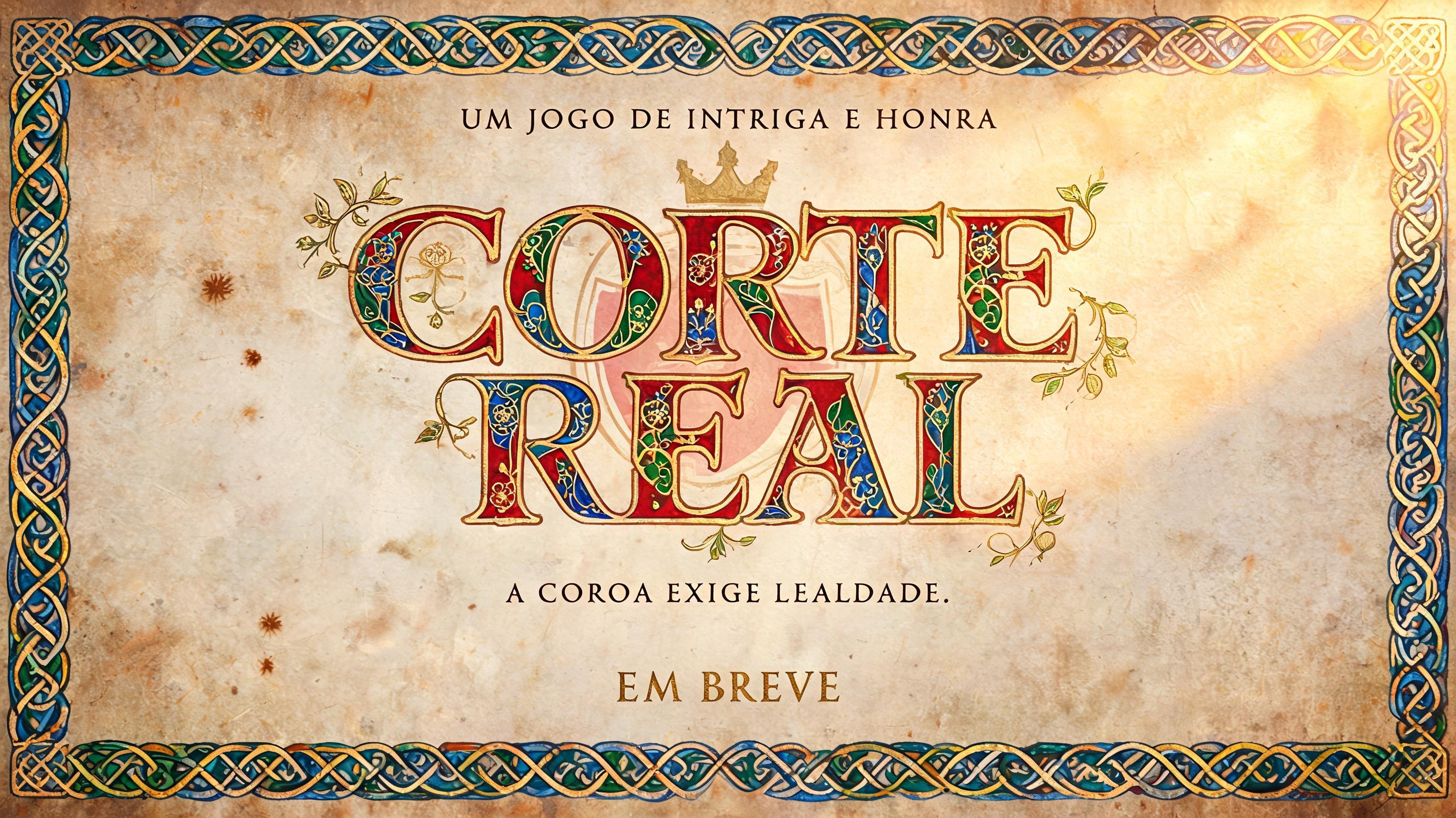 "CORTE
REAL
UM JOGO DE INTRIGA E HONRA
A COROA EXIGE LEALDADE.
EM BREVE" — Medieval | AI Text Effect Generator