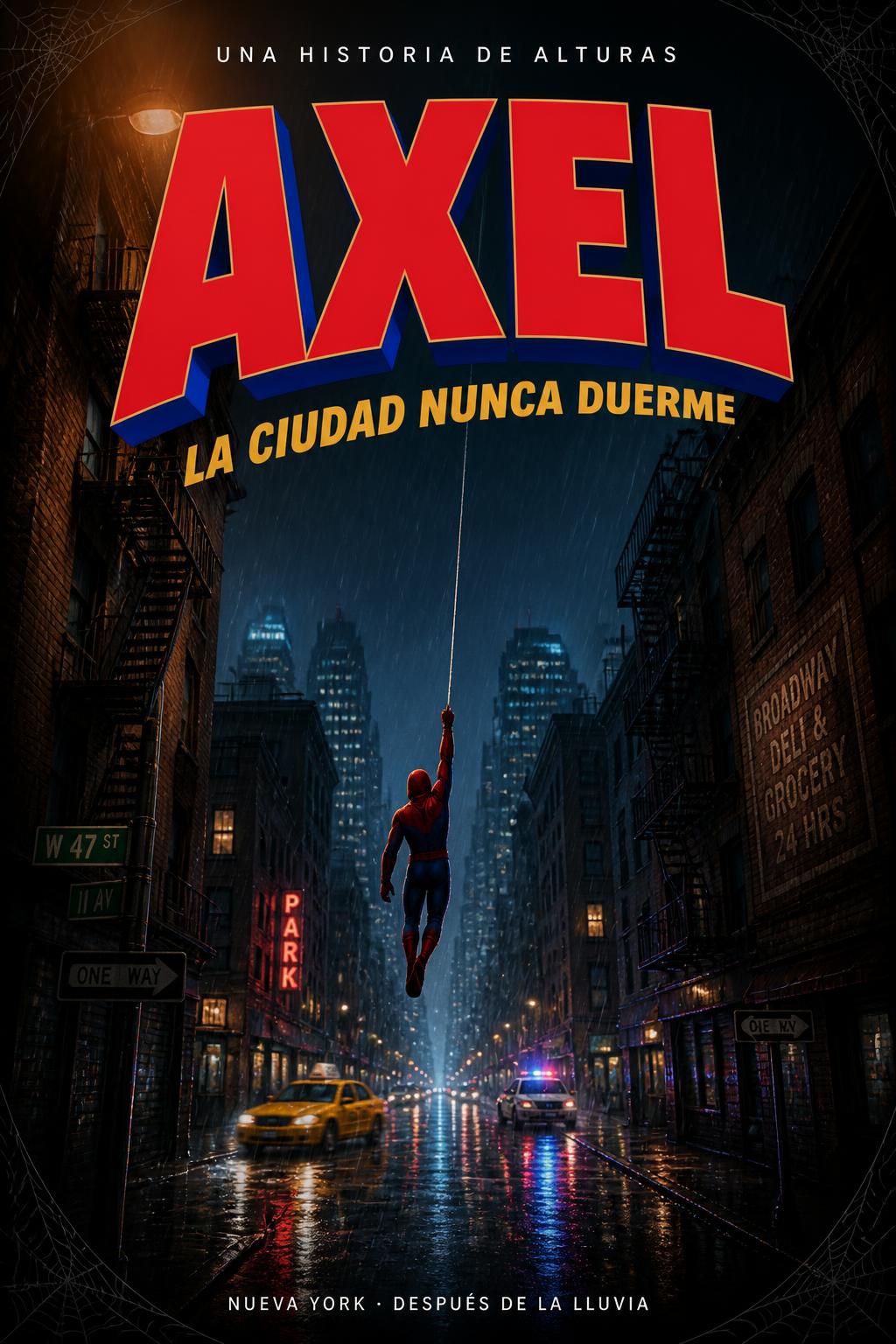"AXEL
UNA HISTORIA DE ALTURAS
LA CIUDAD NUNCA DUERME
NUEVA YORK · DESPUÉS DE LA LLUVIA" — Spider Hero | AI Text Effect Generator