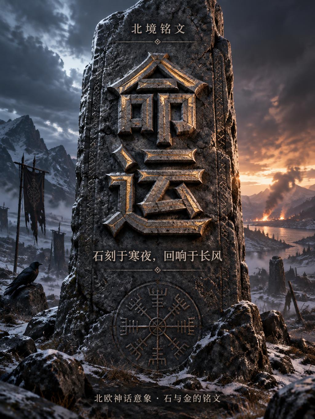 "命运
北境铭文
石刻于寒夜，回响于长风
北欧神话意象 · 石与金的铭文" — Viking | AI Text Effect Generator