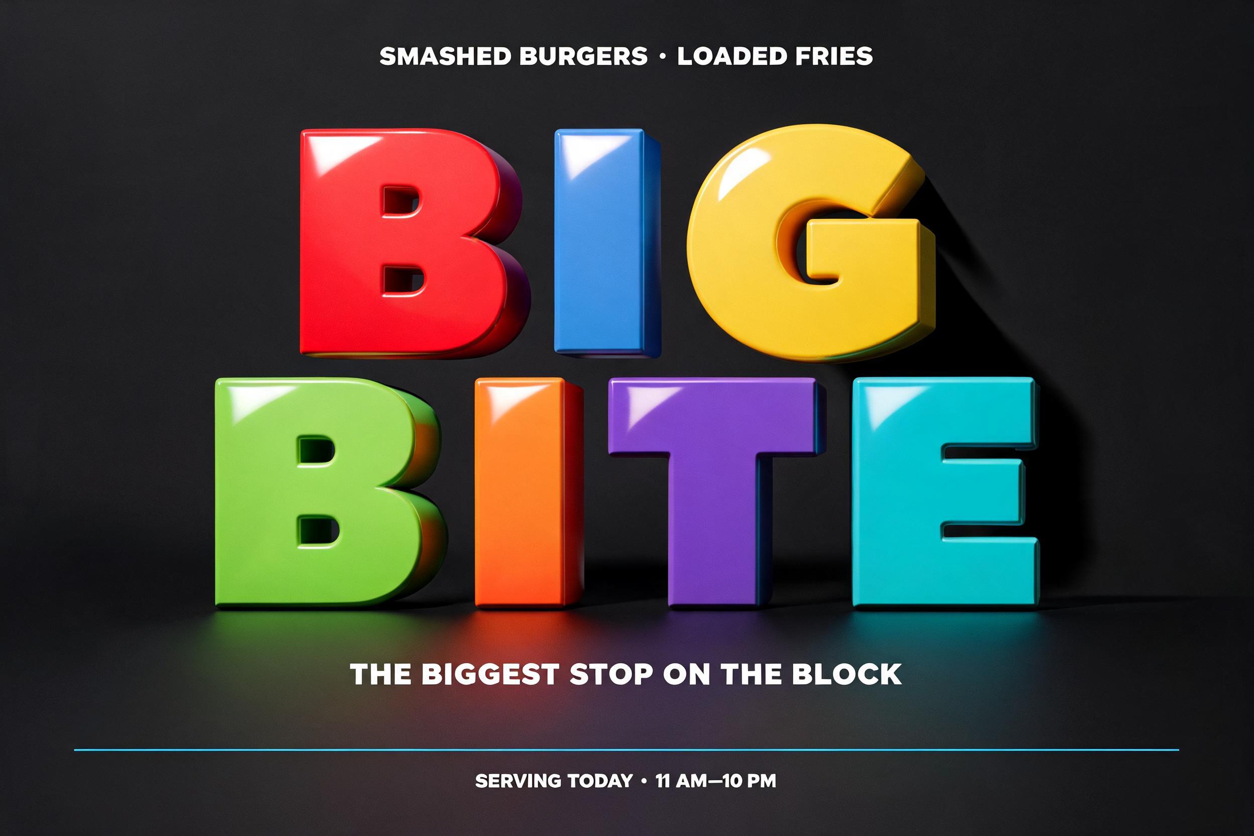 "BIG
BITE
SMASHED BURGERS · LOADED FRIES
THE BIGGEST STOP ON THE BLOCK
SERVING TODAY · 11 AM–10 PM" — 3d Bold | AI Text Effect Generator