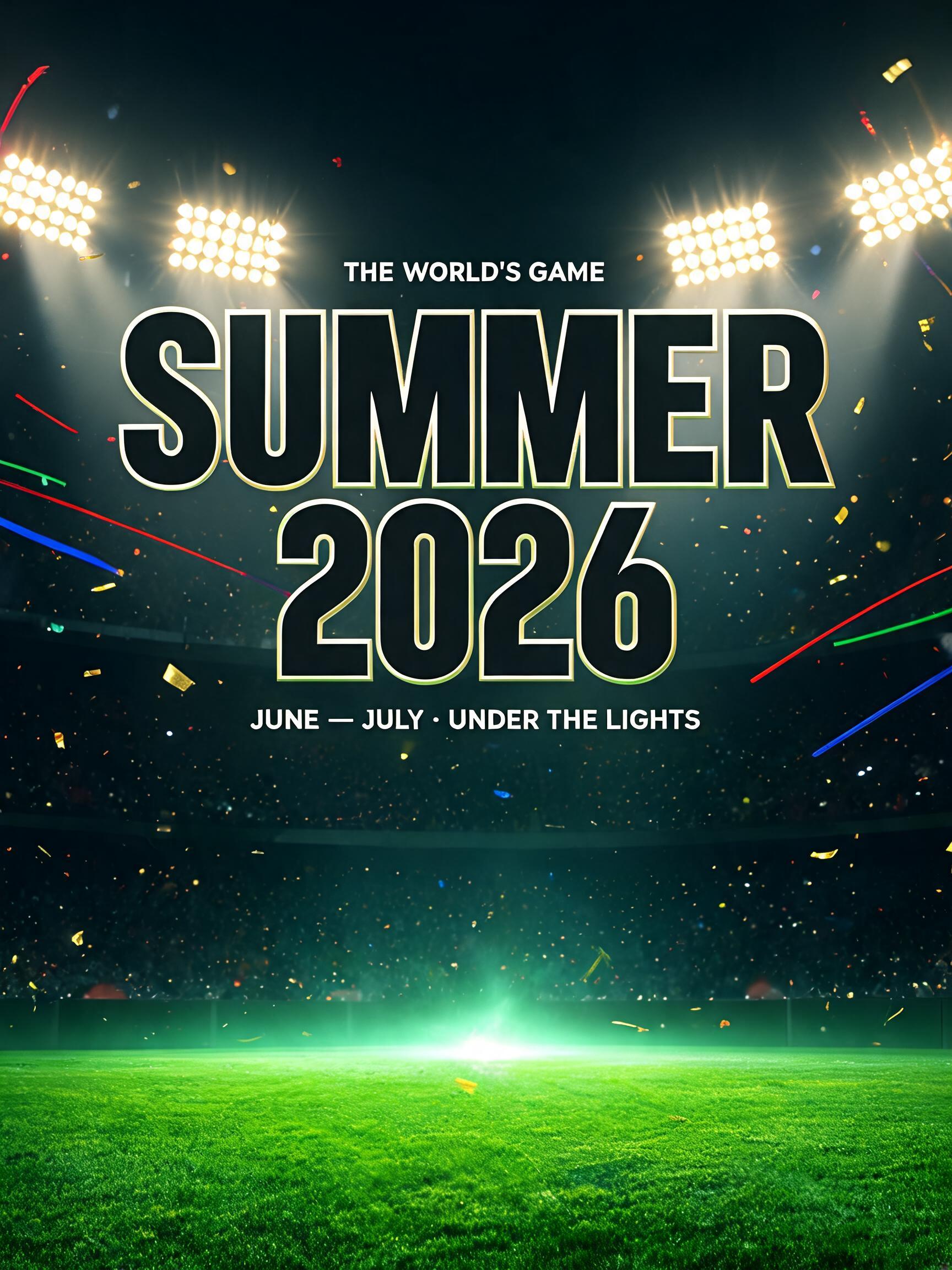 "SUMMER
2026
THE WORLD’S GAME
JUNE — JULY · UNDER THE LIGHTS" — Sports Football | AI Text Effect Generator