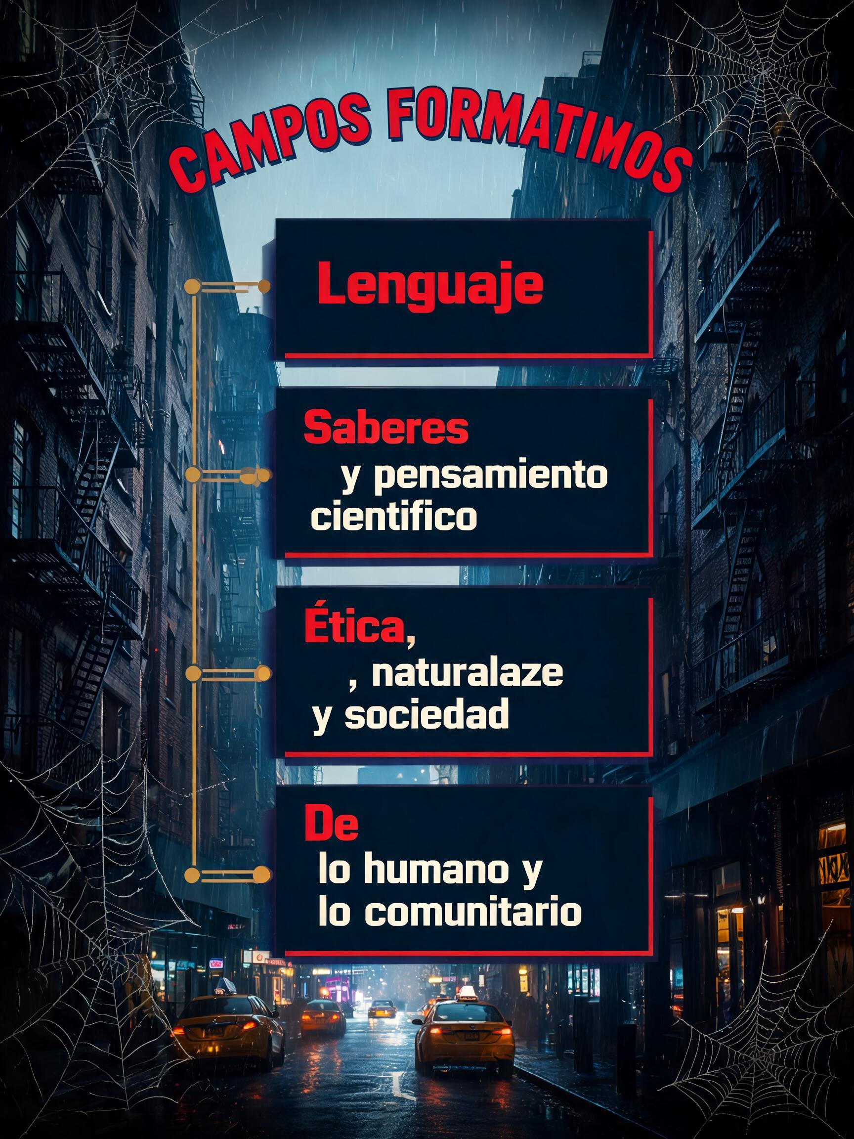 "CAMPOS FORMATIVOS
Lenguaje
Saberes y pensamiento científico
Ética, naturaleza y sociedad
De lo humano y lo comunitario" — Spider Hero text effect