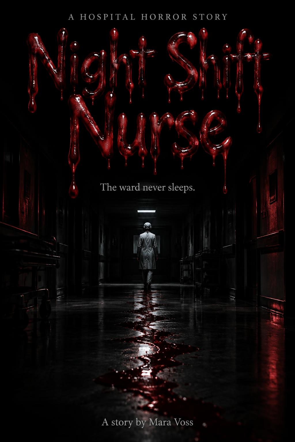 "Night Shift Nurse
A HOSPITAL HORROR STORY
The ward never sleeps.
A story by Mara Voss" — Drip Font Blood | AI Text Effect Generator
