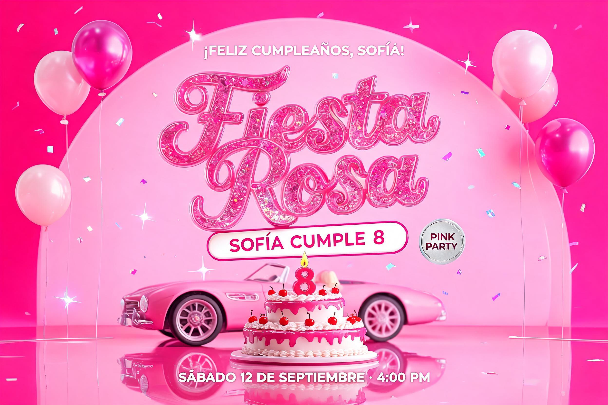 "Fiesta Rosa
¡FELIZ CUMPLEAÑOS, SOFÍA!
SOFÍA CUMPLE 8
SÁBADO 12 DE SEPTIEMBRE · 4:00 PM
PINK PARTY" — Barbie text effect