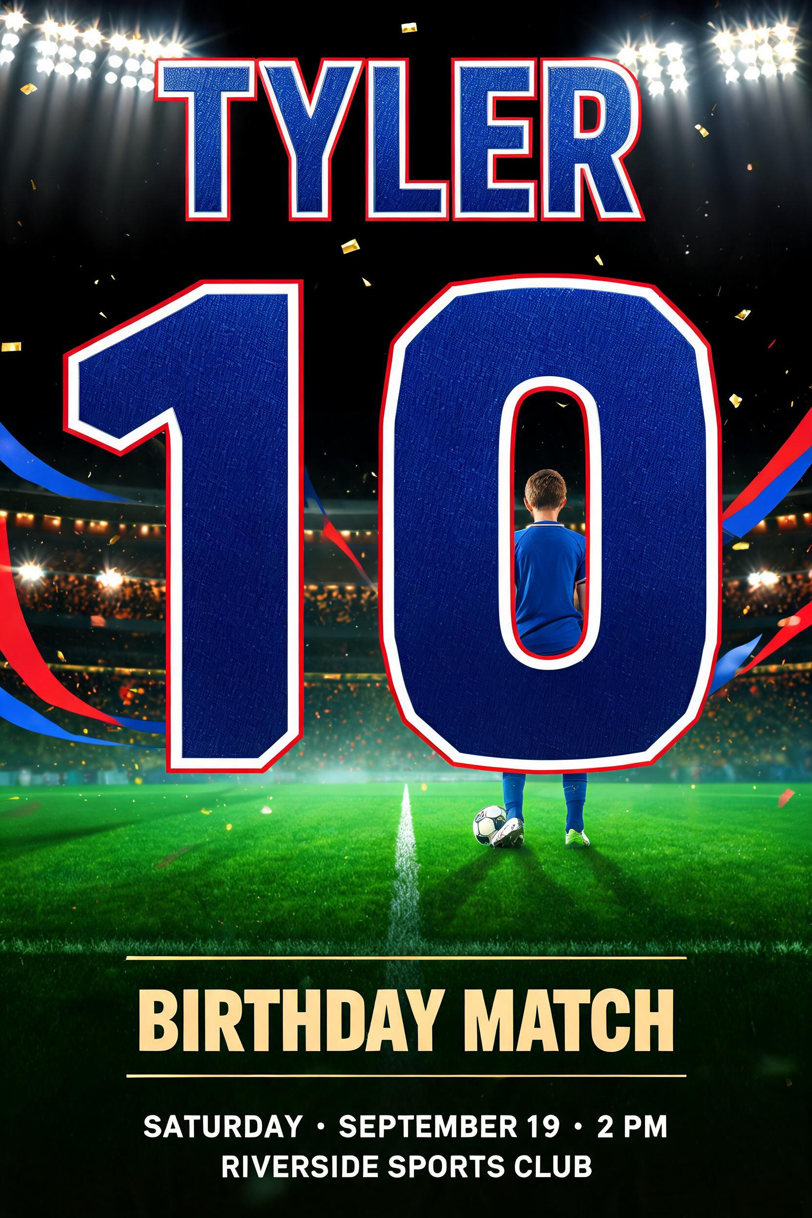 "TYLER
10
BIRTHDAY MATCH
SATURDAY · SEPTEMBER 19 · 2 PM
RIVERSIDE SPORTS CLUB" — Sports Football | AI Text Effect Generator