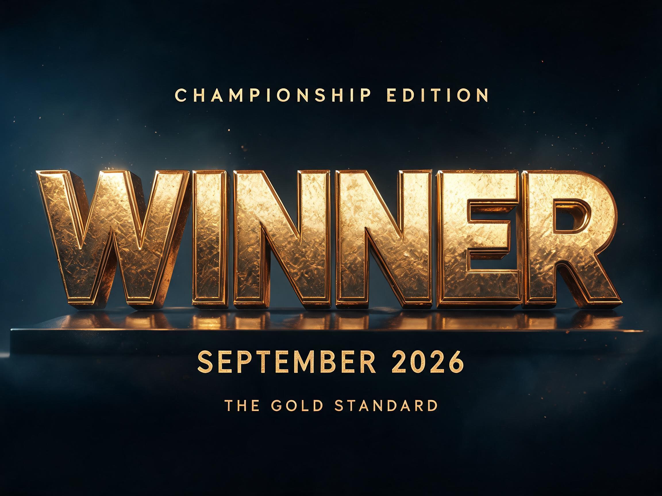 "WINNER
CHAMPIONSHIP EDITION
SEPTEMBER 2026
THE GOLD STANDARD" — Metallic | AI Text Effect Generator