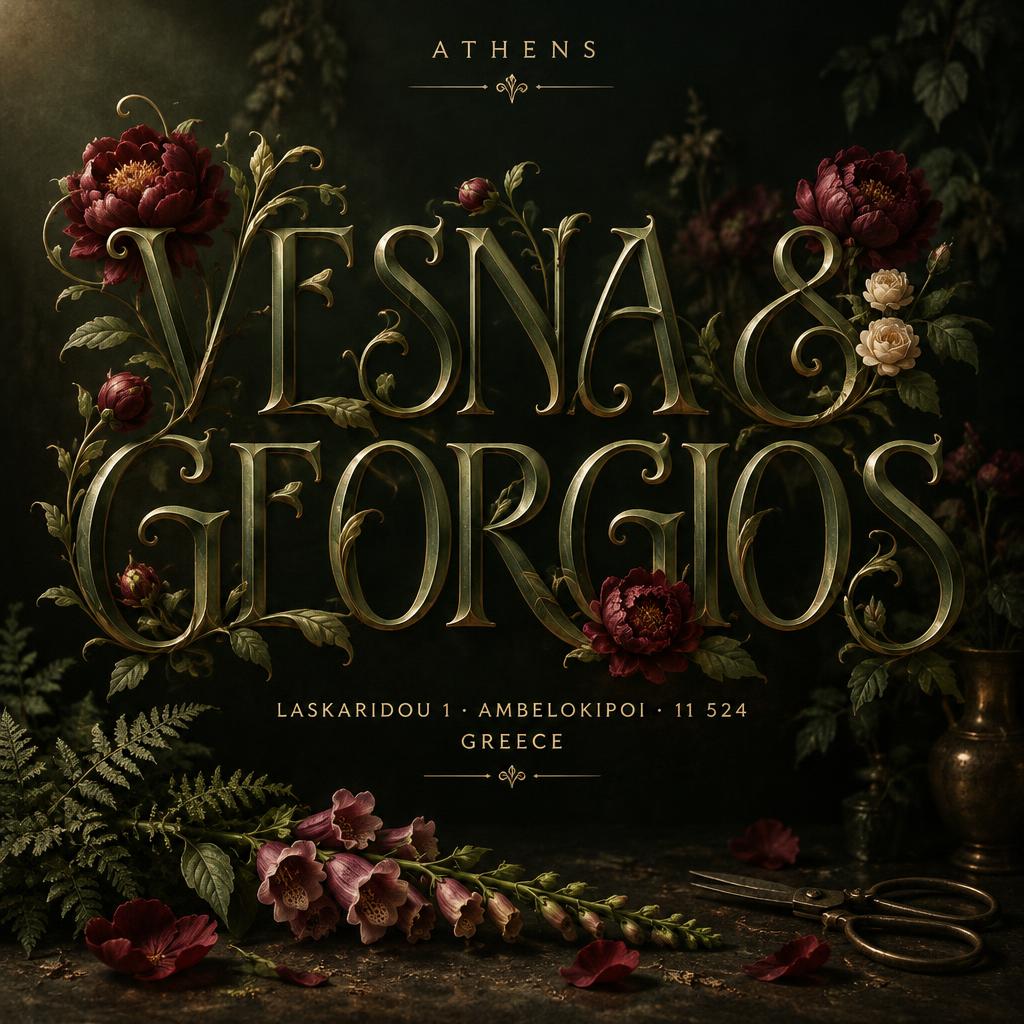 "VESNA &
GEORGIOS
ATHENS
LASKARIDOU 1 · AMBELOKIPOI · 11 524
GREECE" — Floral | AI Text Effect Generator