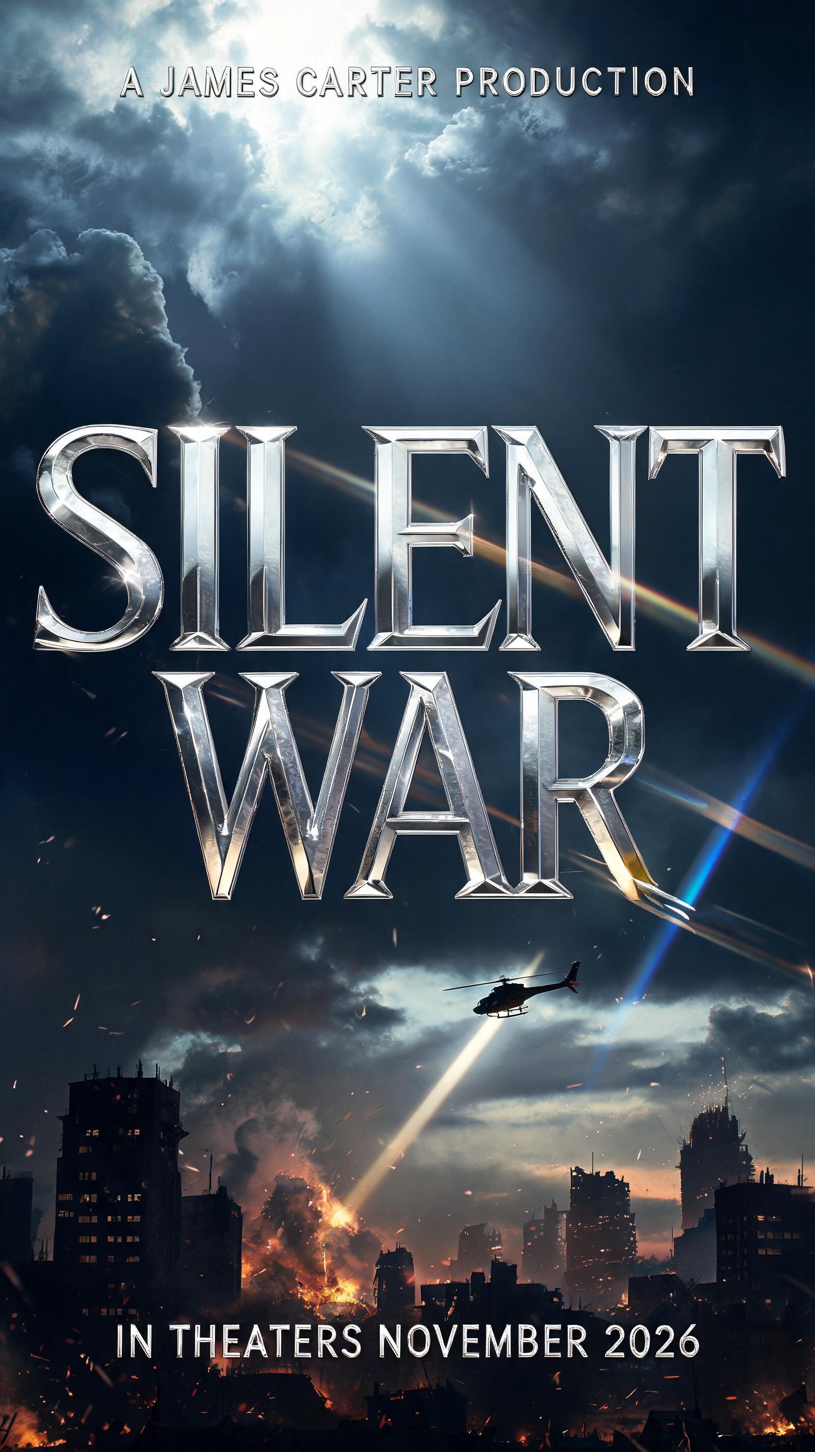 "A JAMES CARTER PRODUCTION
SILENT WAR
IN THEATERS NOVEMBER 2026" — Cinematic Blockbuster | AI Text Effect Generator