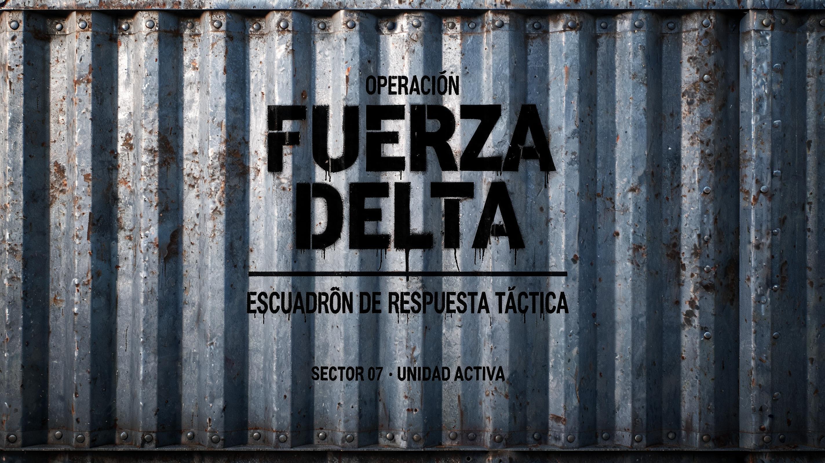 "FUERZA
DELTA
OPERACIÓN
ESCUADRÓN DE RESPUESTA TÁCTICA
SECTOR 07 · UNIDAD ACTIVA" — Stencil text effect