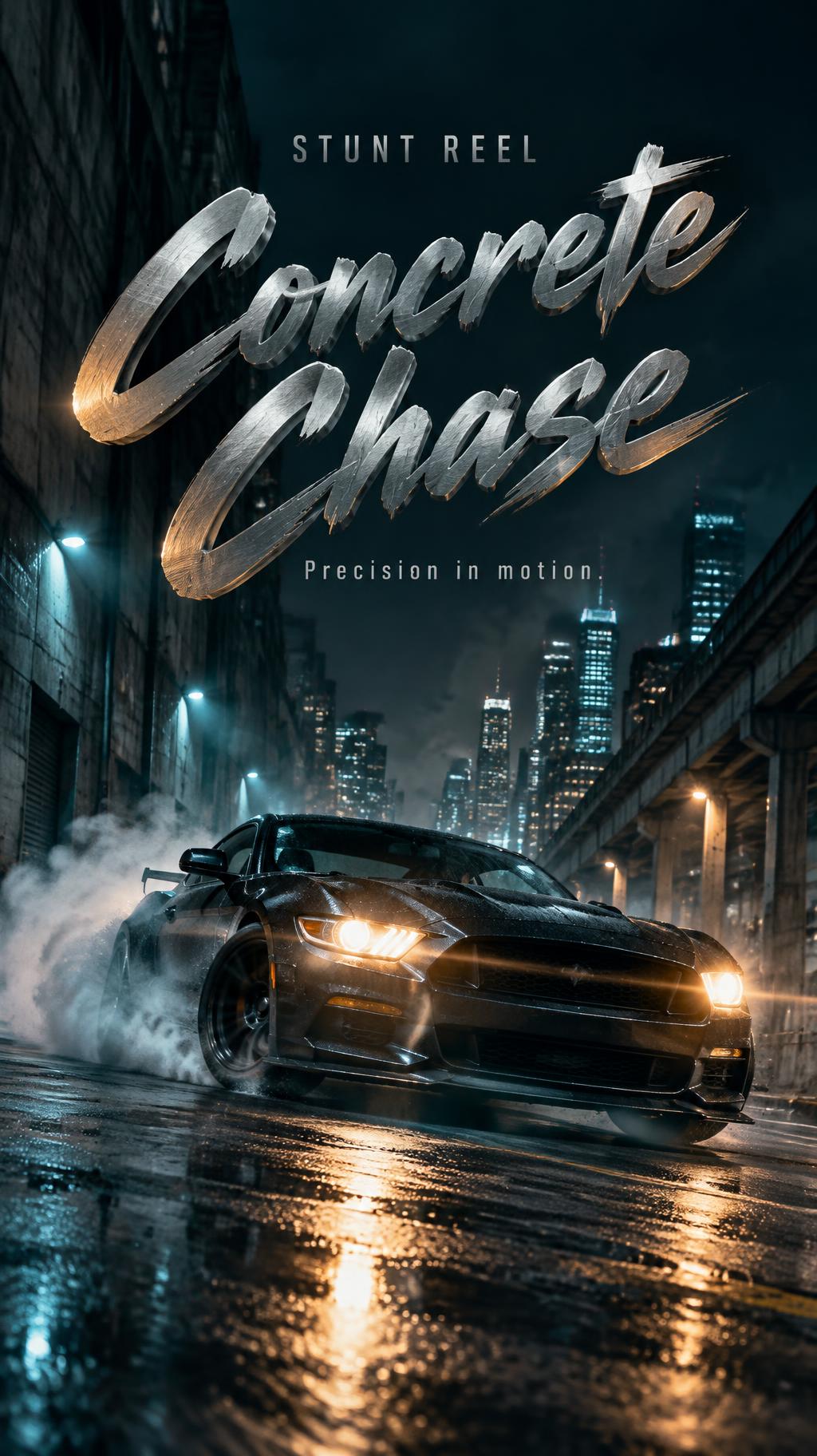 "Concrete Chase
STUNT REEL
Precision in motion." — Cinematic | AI Text Effect Generator