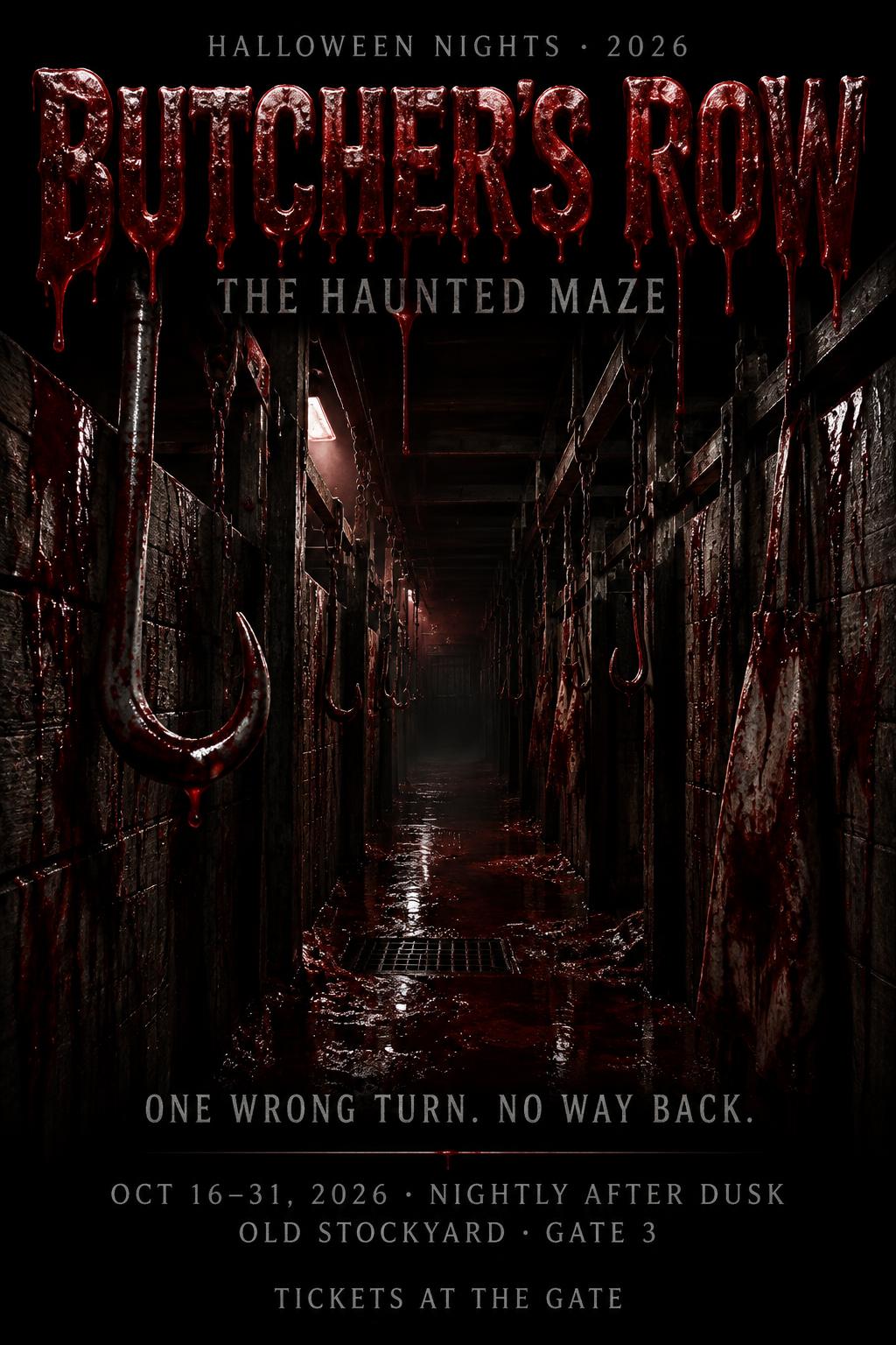 "BUTCHER'S ROW
THE HAUNTED MAZE
ONE WRONG TURN. NO WAY BACK.
OCT 16–31, 2026 · NIGHTLY AFTER DUSK
OLD STOCKYARD · GATE 3
TICKETS AT THE GATE
HALLOWEEN NIGHTS · 2026" — Drip Font Blood | AI Text Effect Generator
