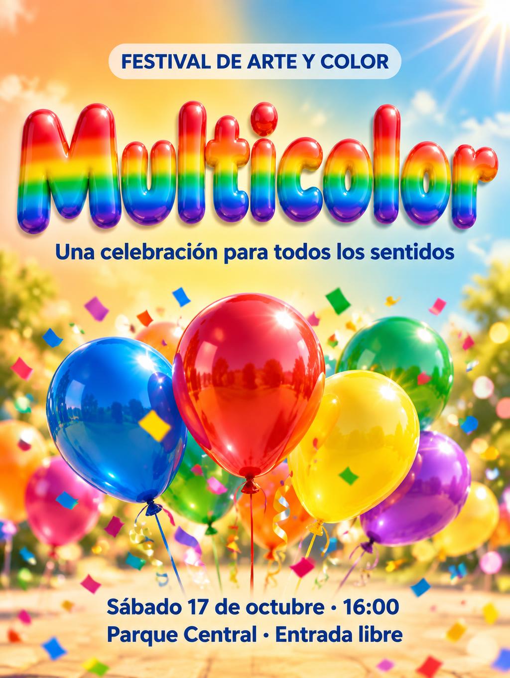 "FESTIVAL DE ARTE Y COLOR
Multicolor
Una celebración para todos los sentidos
Sábado 17 de octubre · 16:00
Parque Central · Entrada libre" — Rainbow | AI Text Effect Generator