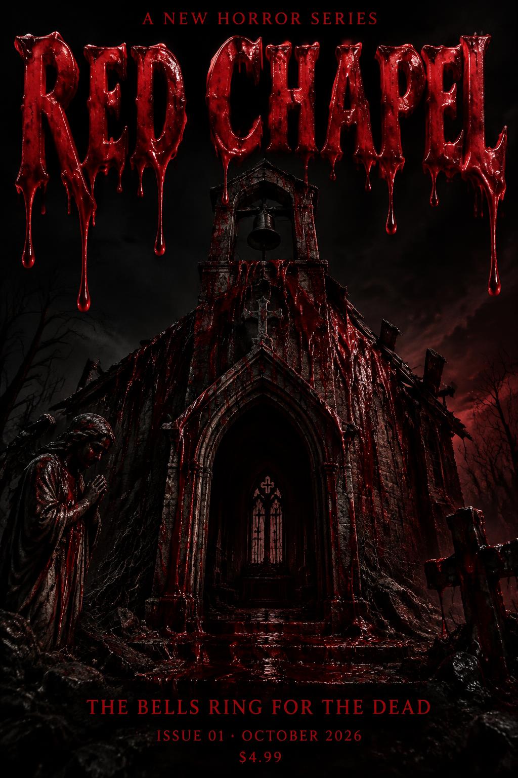 "RED CHAPEL
THE BELLS RING FOR THE DEAD
A NEW HORROR SERIES
ISSUE 01 · OCTOBER 2026
$4.99" — Drip Font Blood | AI Text Effect Generator