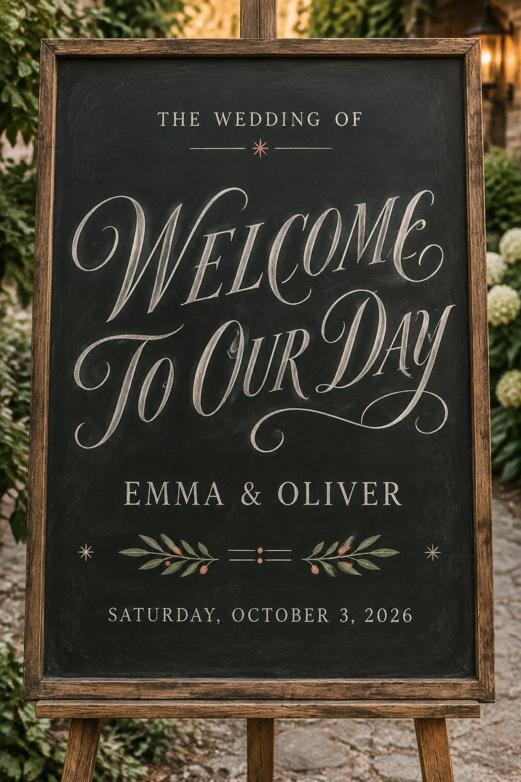 "WELCOME TO OUR DAY
EMMA & OLIVER
THE WEDDING OF
SATURDAY, OCTOBER 3, 2026" — Chalk text effect