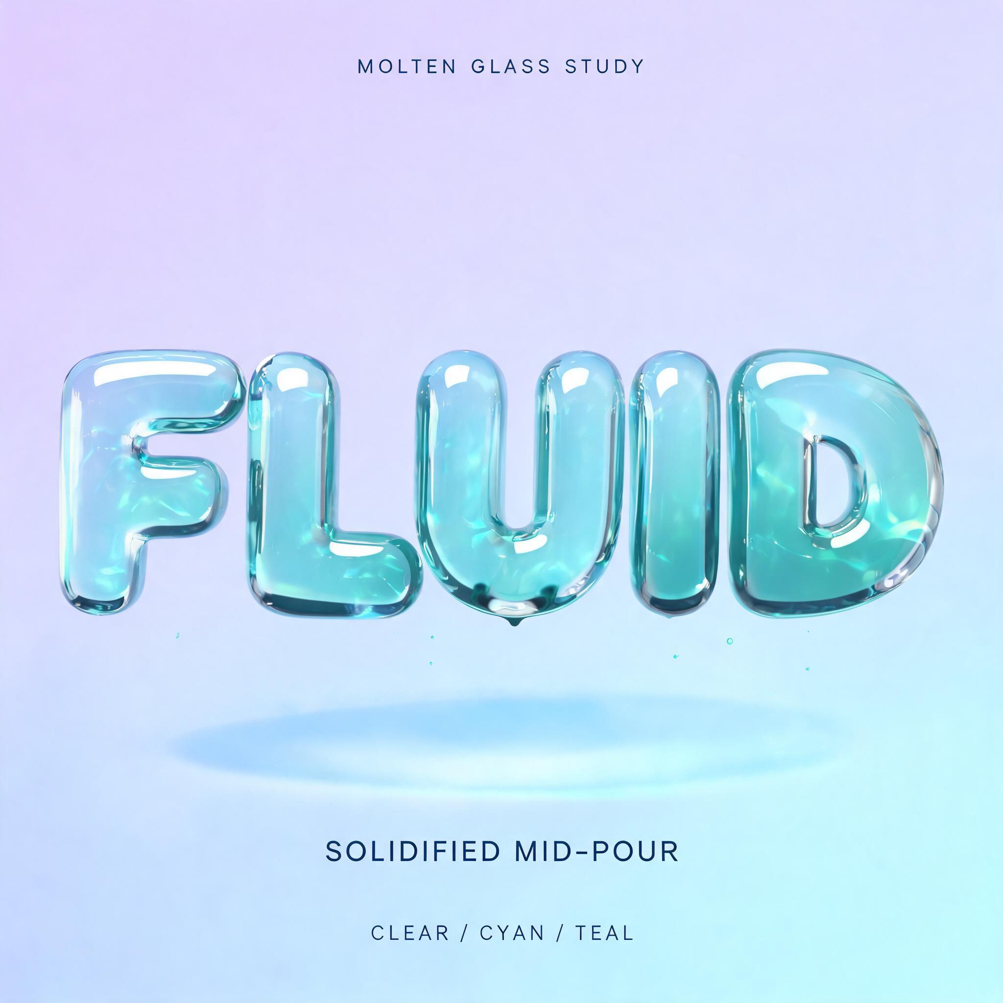 "FLUID
MOLTEN GLASS STUDY
SOLIDIFIED MID-POUR
CLEAR / CYAN / TEAL" — Glass Liquid | AI Text Effect Generator