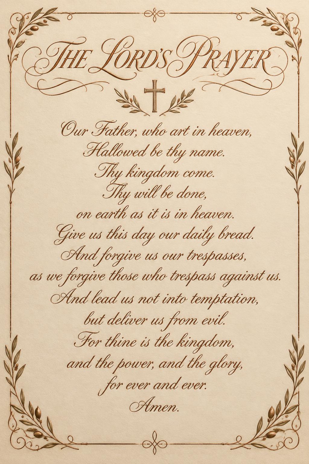 "THE LORD'S PRAYER
Our Father, who art in heaven,
Hallowed be thy name.
Thy kingdom come.
Thy will be done,
on earth as it is in heaven.
Give us this day our daily bread.
And forgive us our trespasses,
as we forgive those who trespass against us.
And lead us not into temptation,
but deliver us from evil.
For thine is the kingdom,
and the power, and the glory,
for ever and ever.
Amen." — Copperplate Devotional | AI Text Effect Generator