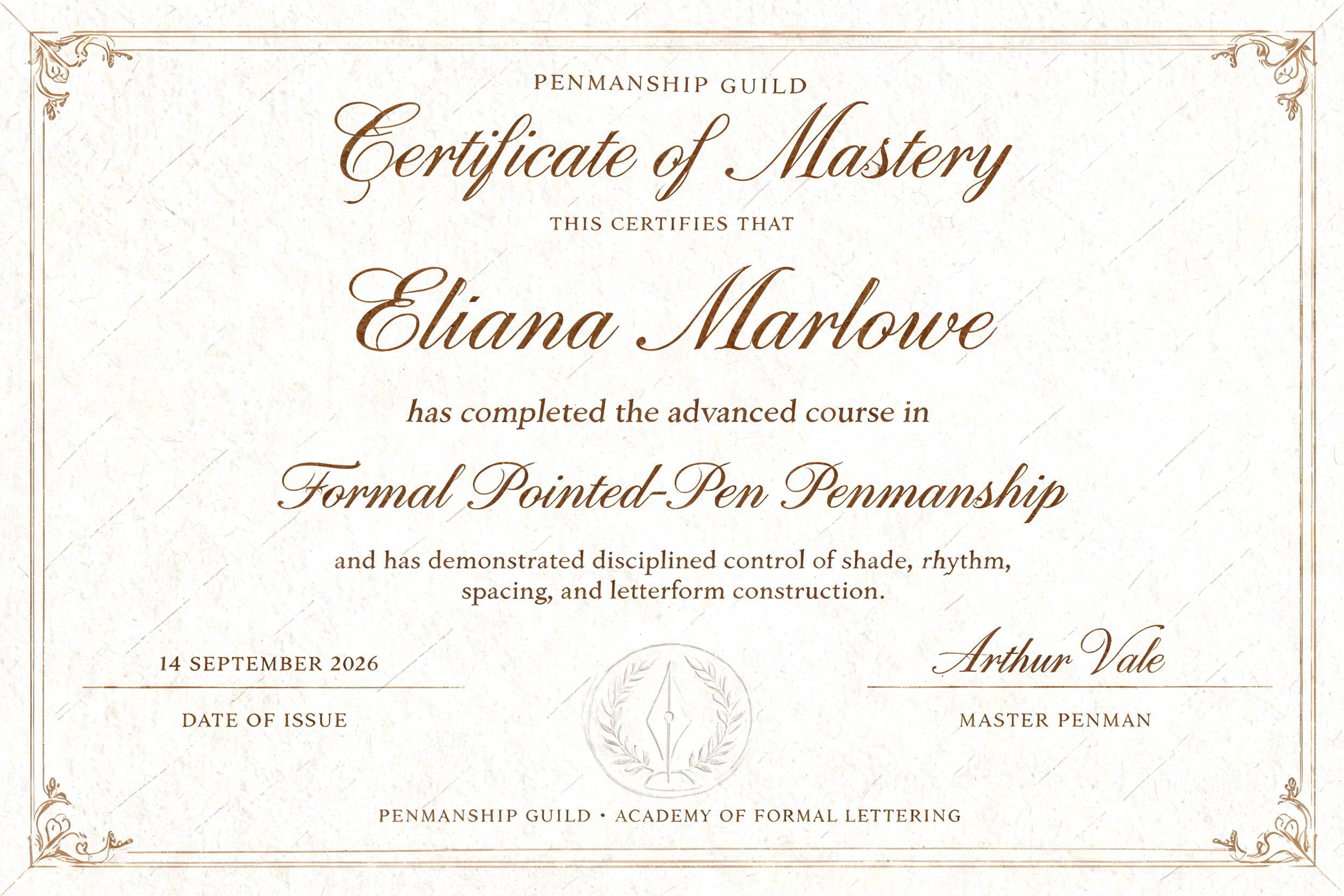 "PENMANSHIP GUILD
Certificate of Mastery
THIS CERTIFIES THAT
Eliana Marlowe
has completed the advanced course in
Formal Pointed-Pen Penmanship
and has demonstrated disciplined control of shade, rhythm, spacing, and letterform construction.
14 SEPTEMBER 2026
DATE OF ISSUE
Arthur Vale
MASTER PENMAN
PENMANSHIP GUILD · ACADEMY OF FORMAL LETTERING" — Cursive Calligraphy | AI Text Effect Generator