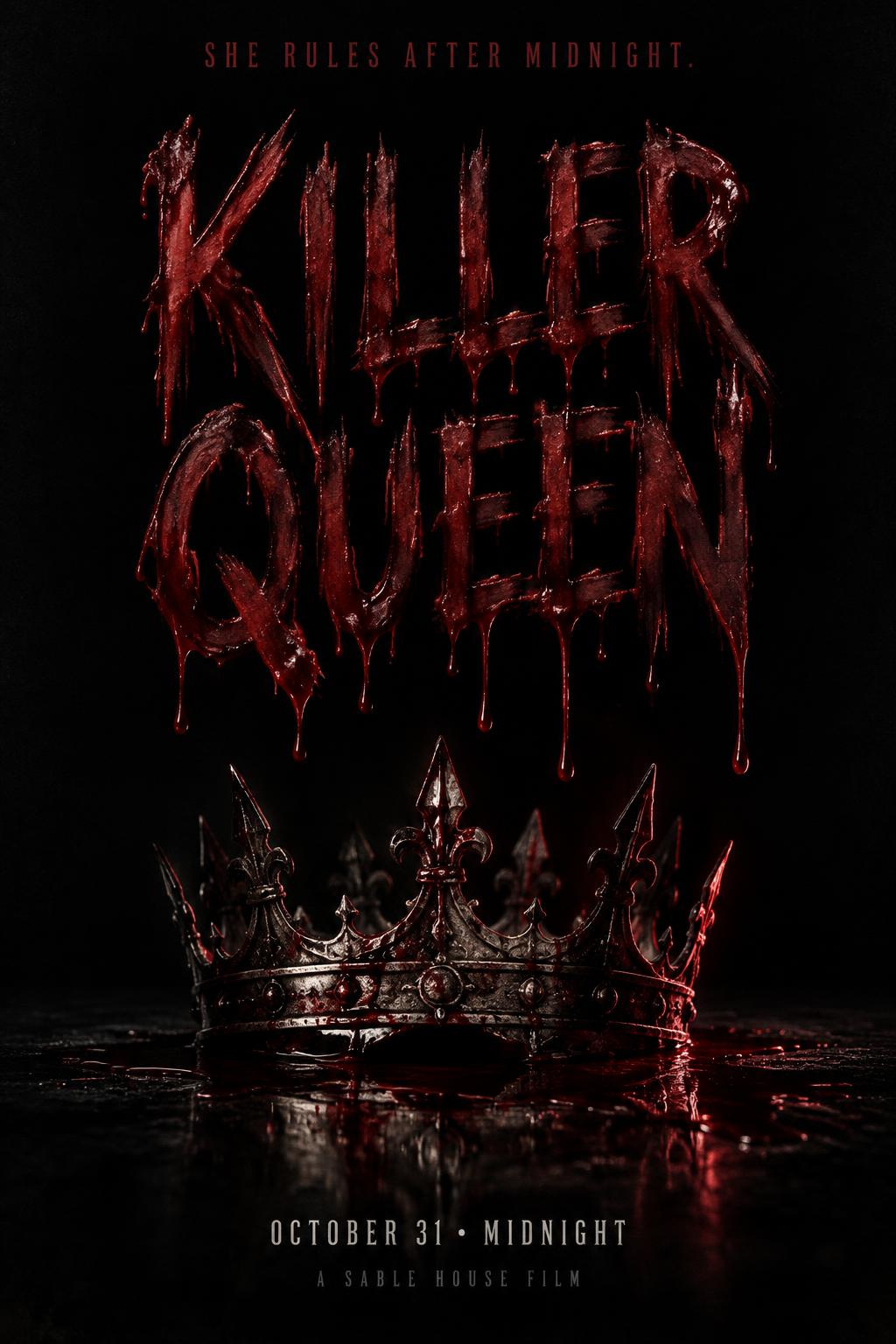 "KILLER
QUEEN
SHE RULES AFTER MIDNIGHT.
OCTOBER 31 • MIDNIGHT
A SABLE HOUSE FILM" — Drip Font Blood | AI Text Effect Generator