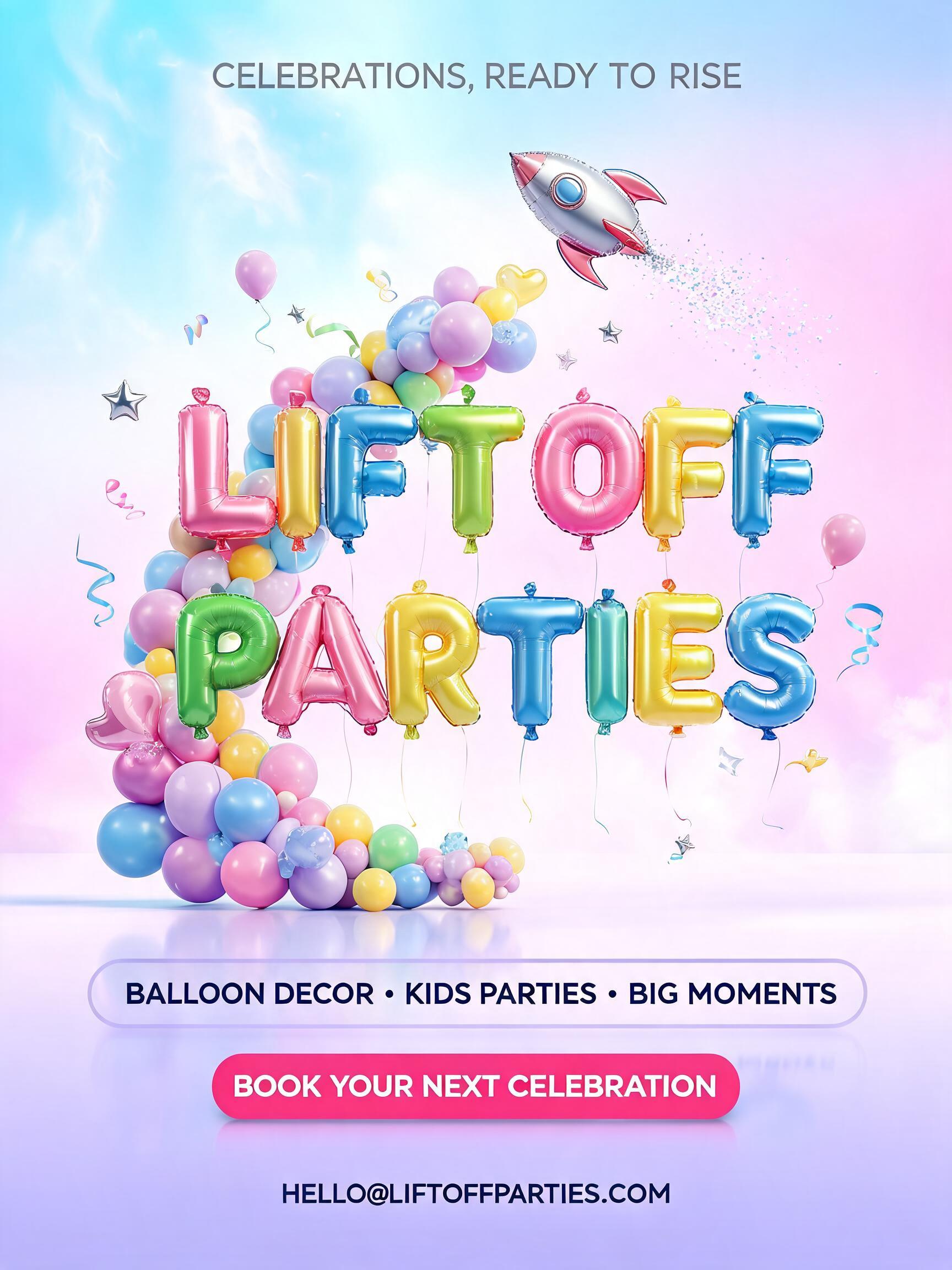 "LIFT OFF
PARTIES
CELEBRATIONS, READY TO RISE
BALLOON DECOR • KIDS PARTIES • BIG MOMENTS
BOOK YOUR NEXT CELEBRATION
HELLO@LIFTOFFPARTIES.COM" — Y2k Bubbly | AI Text Effect Generator