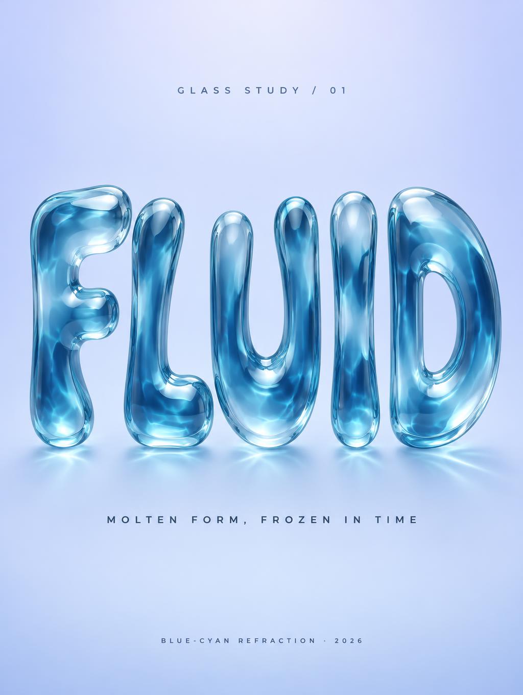 "FLUID
GLASS STUDY / 01
MOLTEN FORM, FROZEN IN TIME
BLUE-CYAN REFRACTION · 2026" — Glass Liquid | AI Text Effect Generator