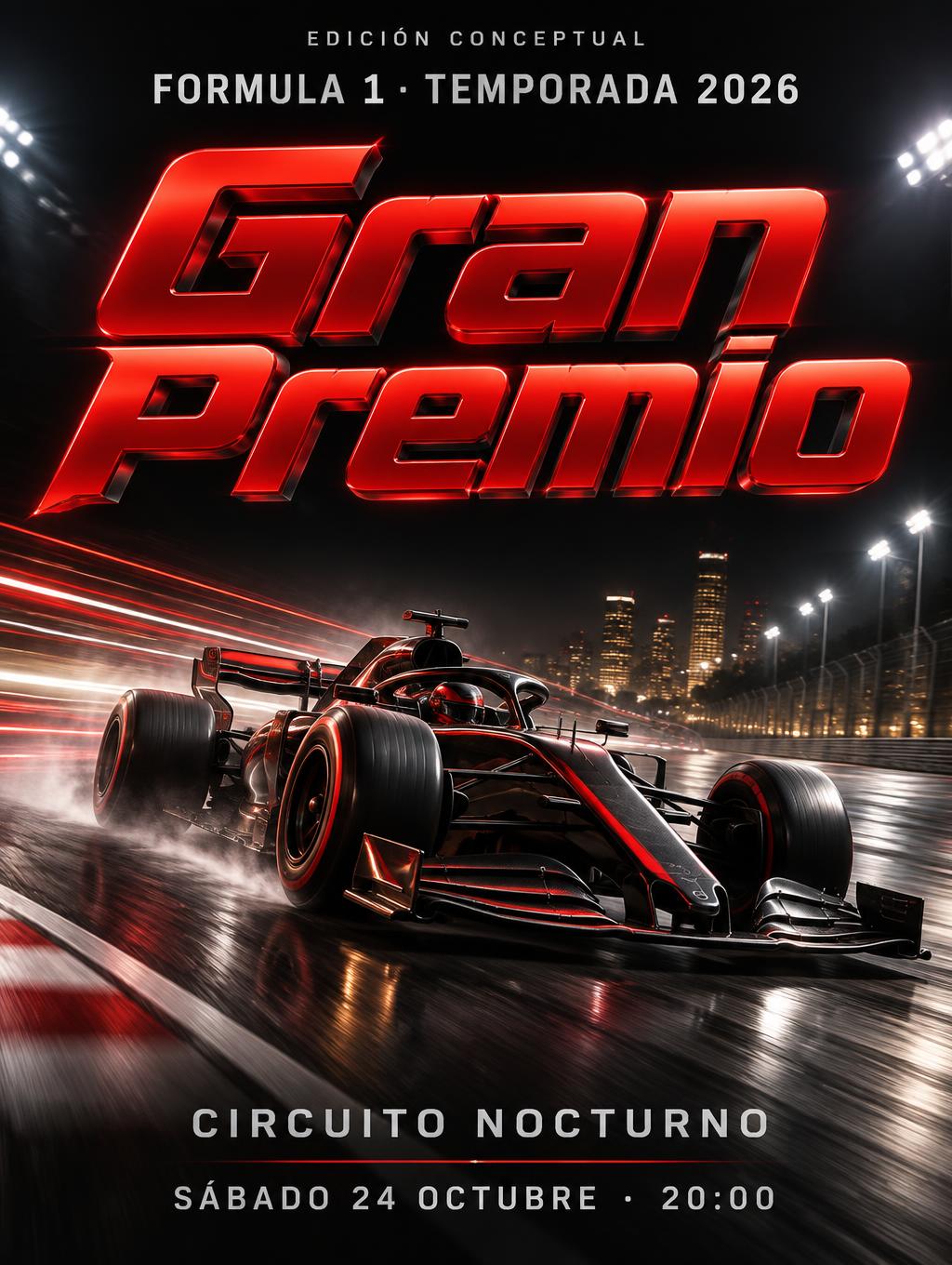 "Gran
Premio
EDICIÓN CONCEPTUAL
FORMULA 1 · TEMPORADA 2026
CIRCUITO NOCTURNO
SÁBADO 24 OCTUBRE · 20:00" — Racing | AI Text Effect Generator