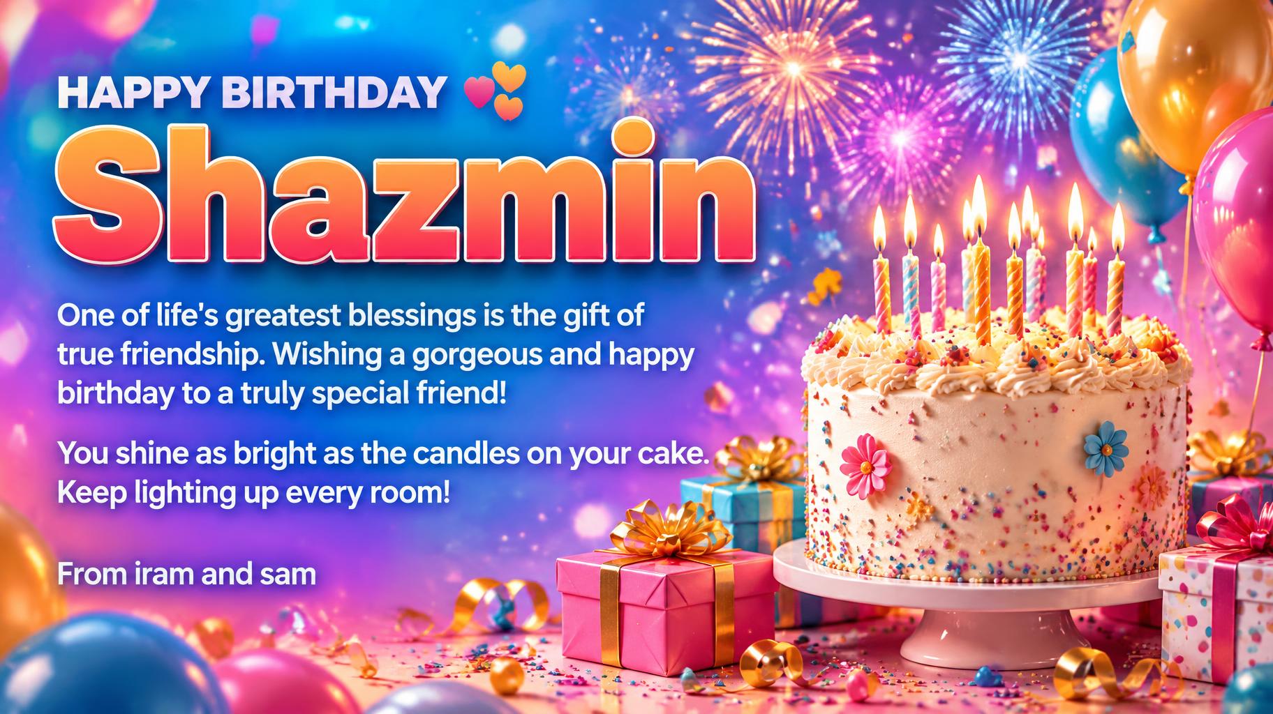 "HAPPY BIRTHDAY
Shazmin
One of life's greatest blessings is the gift of true friendship. Wishing a gorgeous and happy birthday to a truly special friend!
You shine as bright as the candles on your cake. Keep lighting up every room!
From iram and sam" — Birthday | AI Text Effect Generator