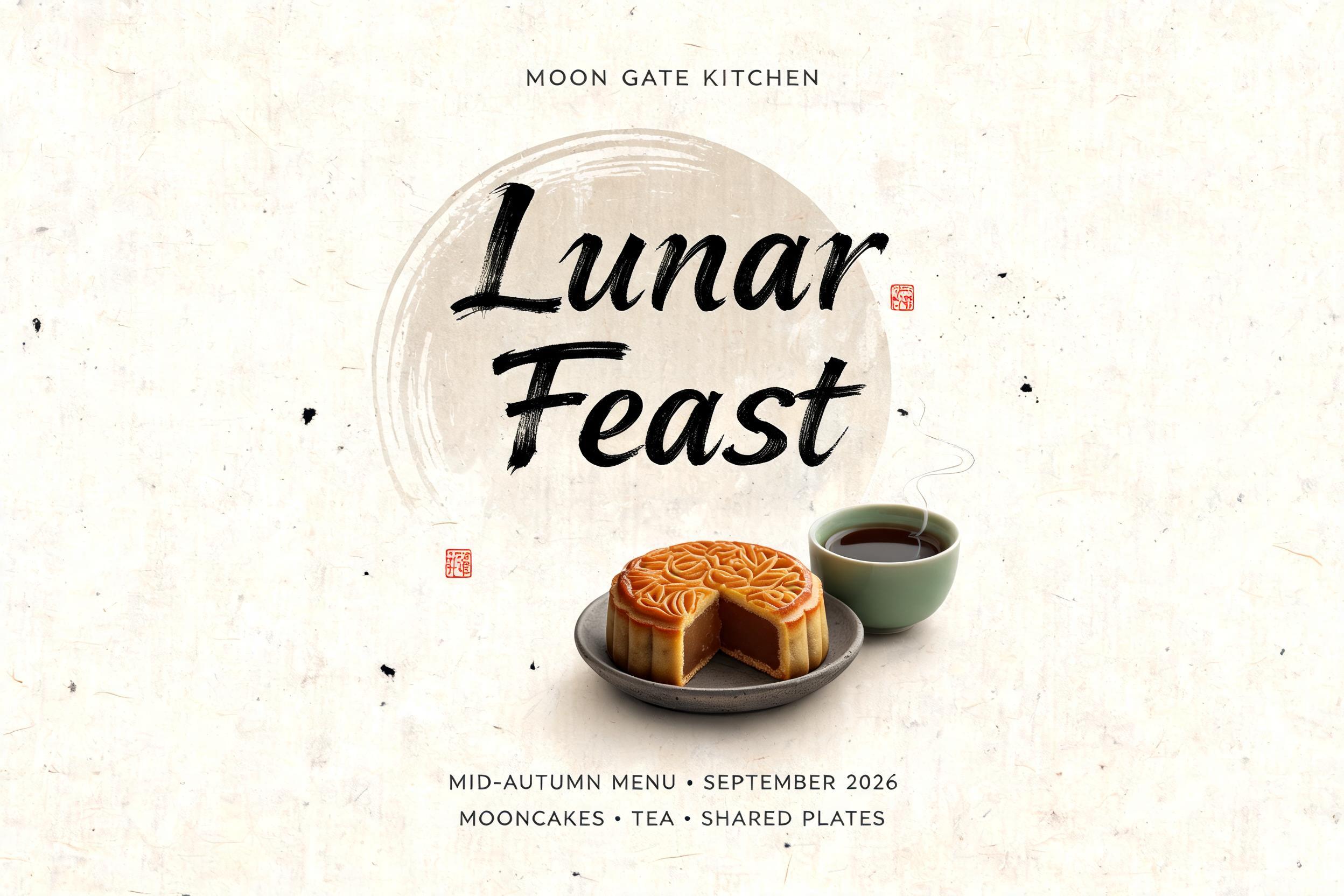 "Lunar Feast
MOON GATE KITCHEN
MID-AUTUMN MENU · SEPTEMBER 2026
MOONCAKES · TEA · SHARED PLATES" — Brush Chinese Ink | AI Text Effect Generator