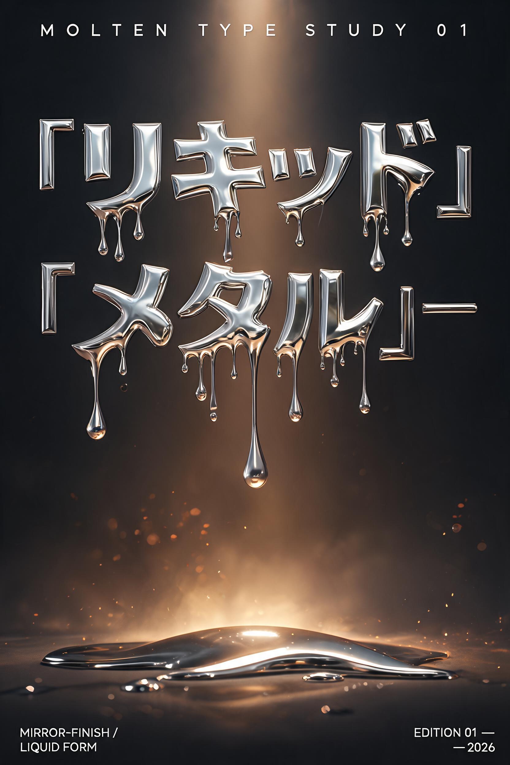 "リキッド
メタル
MOLTEN TYPE STUDY 01
MIRROR-FINISH / LIQUID FORM
EDITION 01 — 2026" — Drip Font Melting text effect