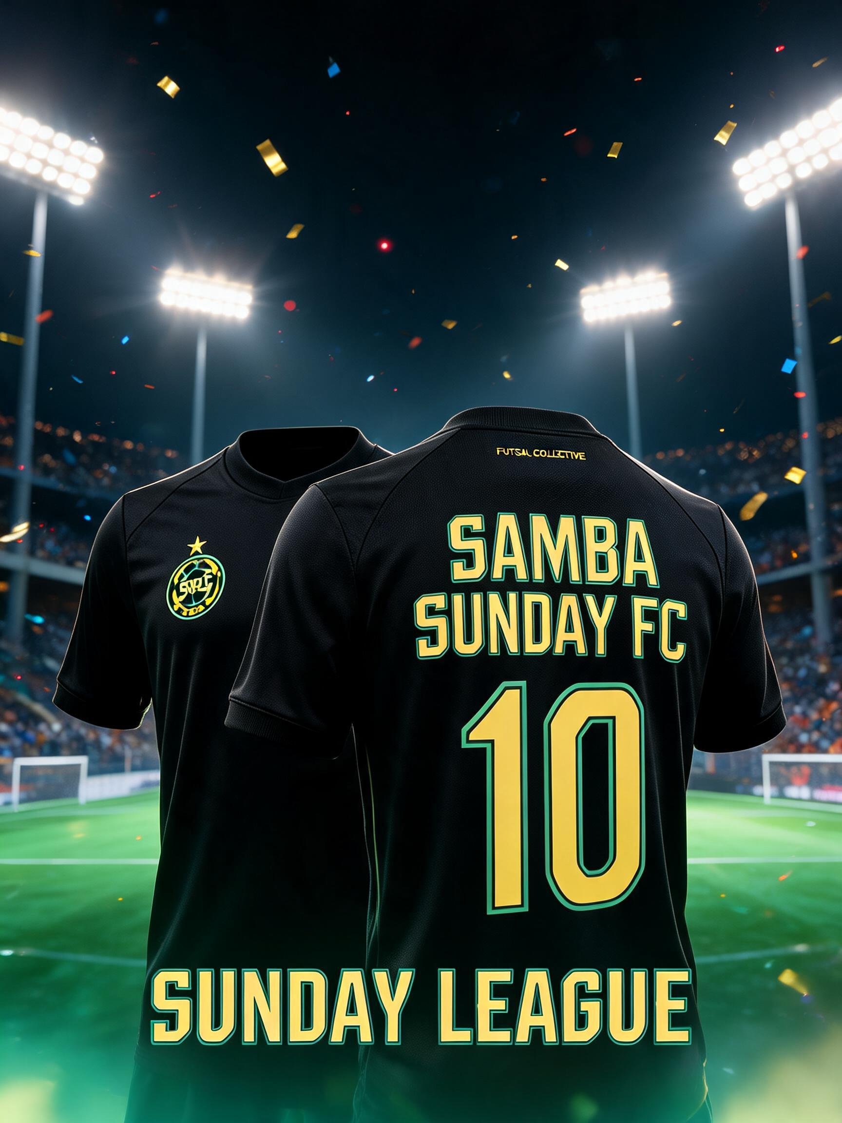 "SAMBA
SUNDAY FC
10
FUTSAL COLLECTIVE
SUNDAY LEAGUE" — Sports Football | AI Text Effect Generator
