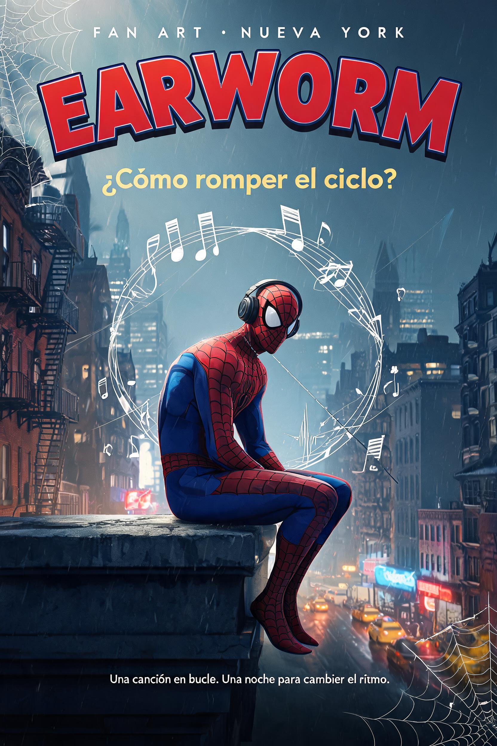 "EARWORM
¿Cómo romper el ciclo?
Una canción en bucle. Una noche para cambiar el ritmo.
FAN ART · NUEVA YORK" — Spider Hero | AI Text Effect Generator