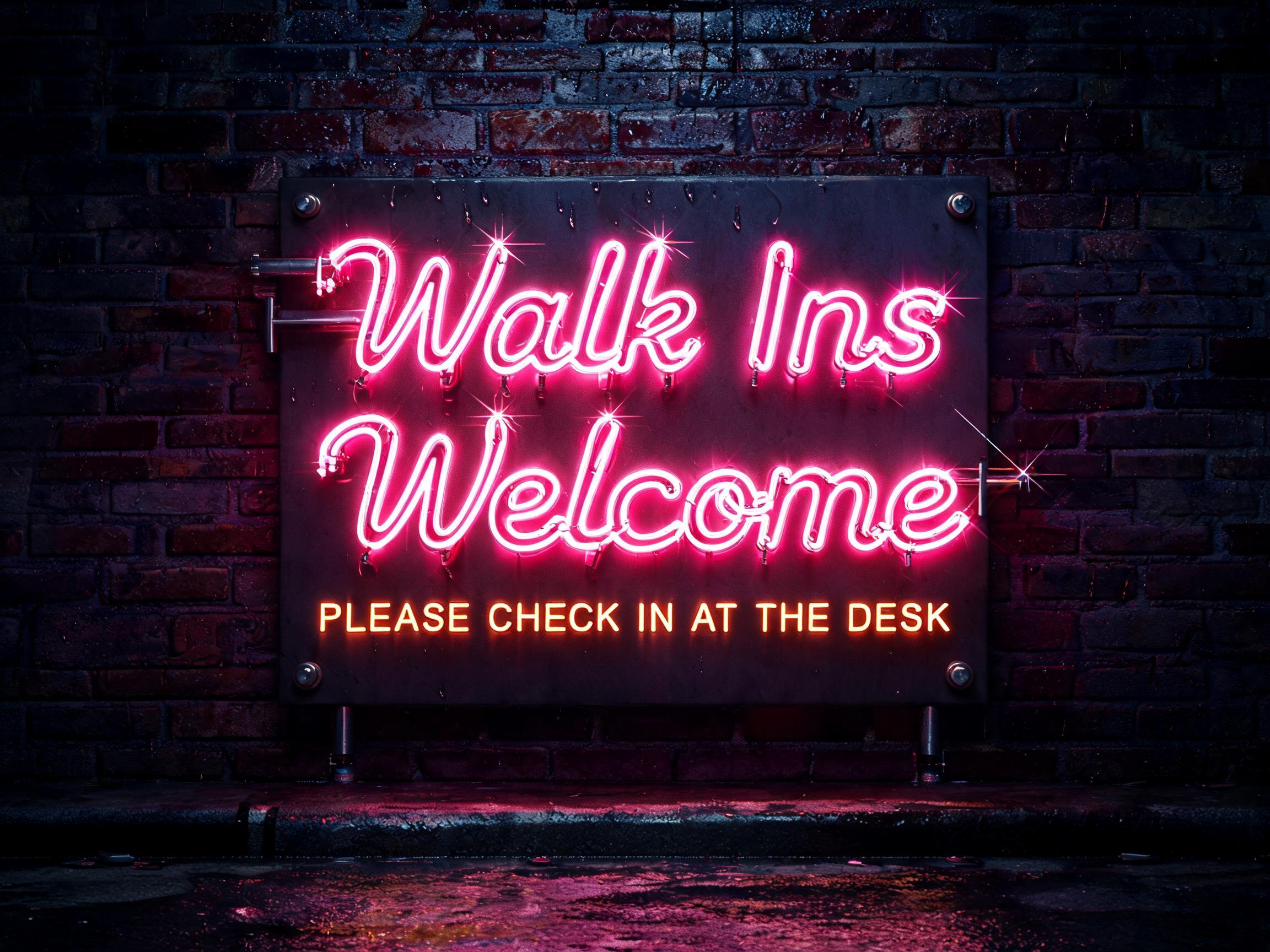 "Walk Ins
Welcome
PLEASE CHECK IN AT THE DESK" — Neon Sign | AI Text Effect Generator