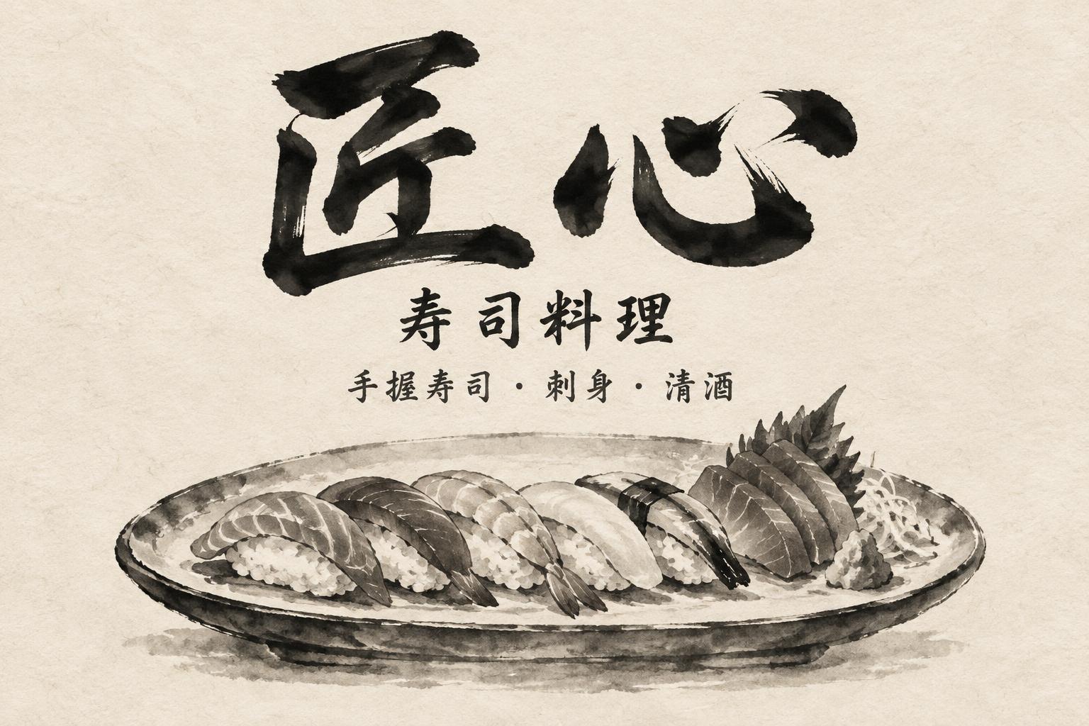 "匠心
寿司料理
手握寿司 · 刺身 · 清酒" — Brush Japanese Ink | AI Text Effect Generator