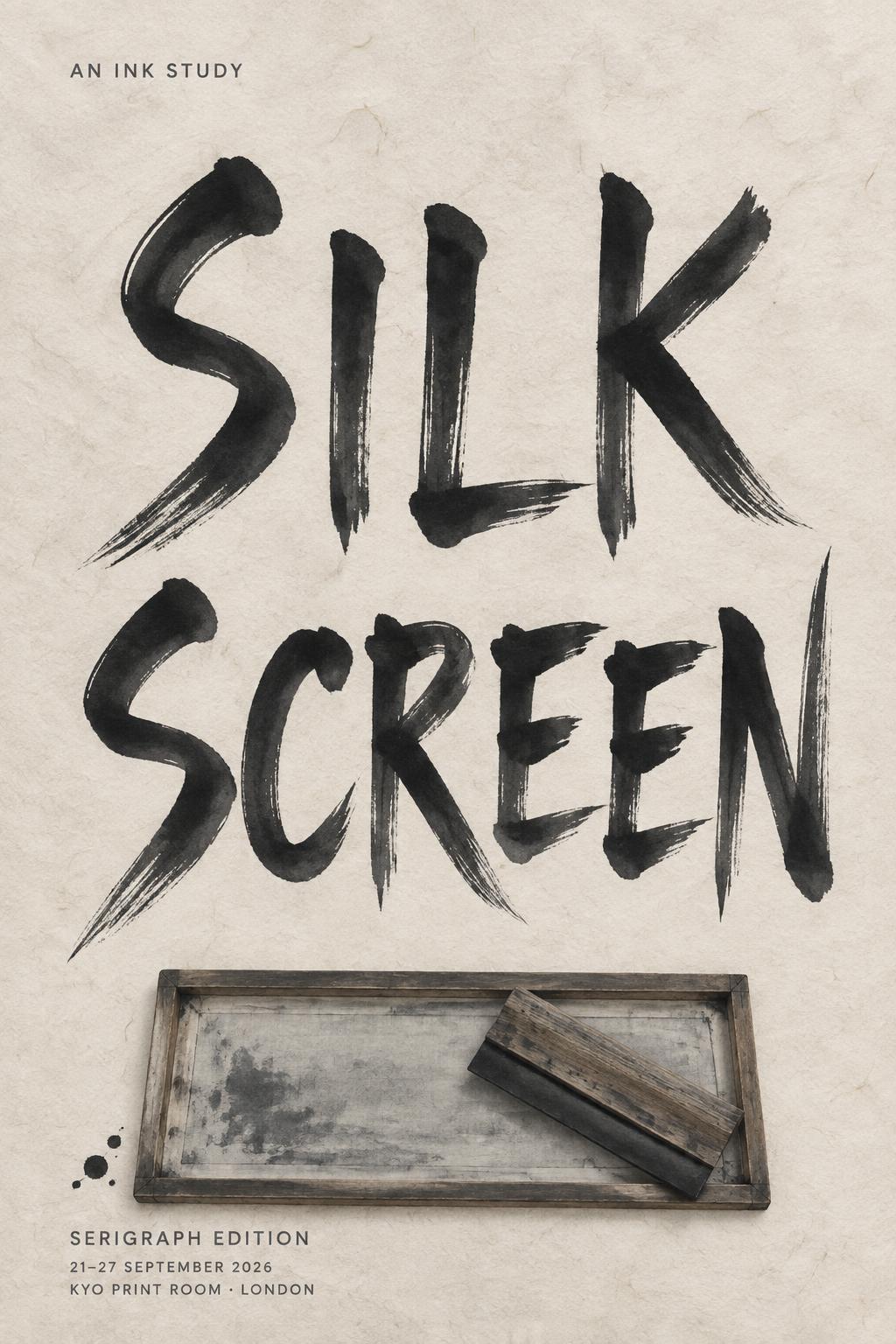 "SILK
SCREEN
AN INK STUDY
SERIGRAPH EDITION
21–27 SEPTEMBER 2026
KYO PRINT ROOM · LONDON" — Brush Japanese Ink | AI Text Effect Generator