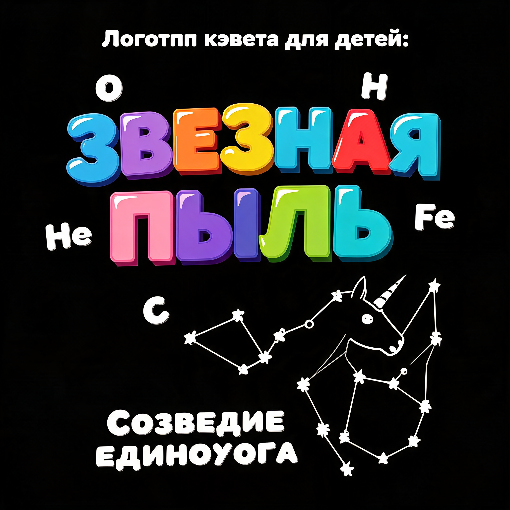 "Логотип квеста для детей: "Звездная Пыль". По возможности использовать обозначение периодических элементов O, H, He, Fe, C. Созвездие единорога." — 3d Bold | AI Text Effect Generator
