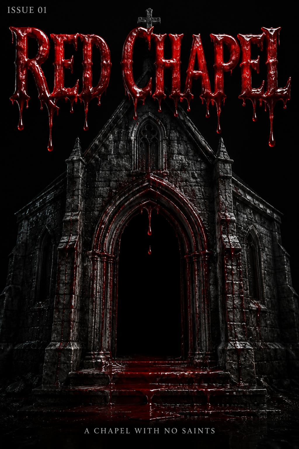"RED CHAPEL
A CHAPEL WITH NO SAINTS
ISSUE 01" — Drip Font Blood | AI Text Effect Generator